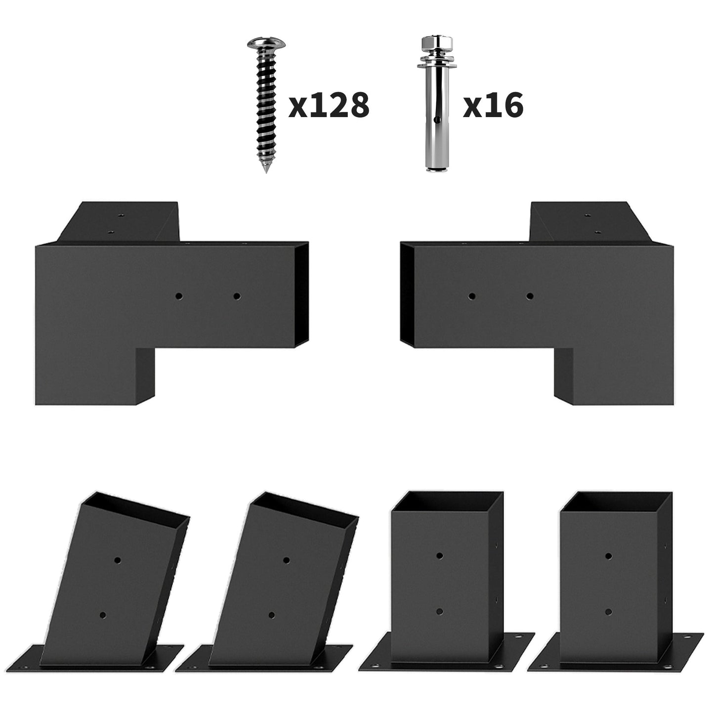Pergola Kit, 15° Slanted Roof Pergola Brackets with 2 3-Way Brackets, 2 Post Bases, 2 Wall Mounts for 4"x 4" (Actual 3.6" X 3.6") Lumber, 6 PCS DIY Hardware, Black
