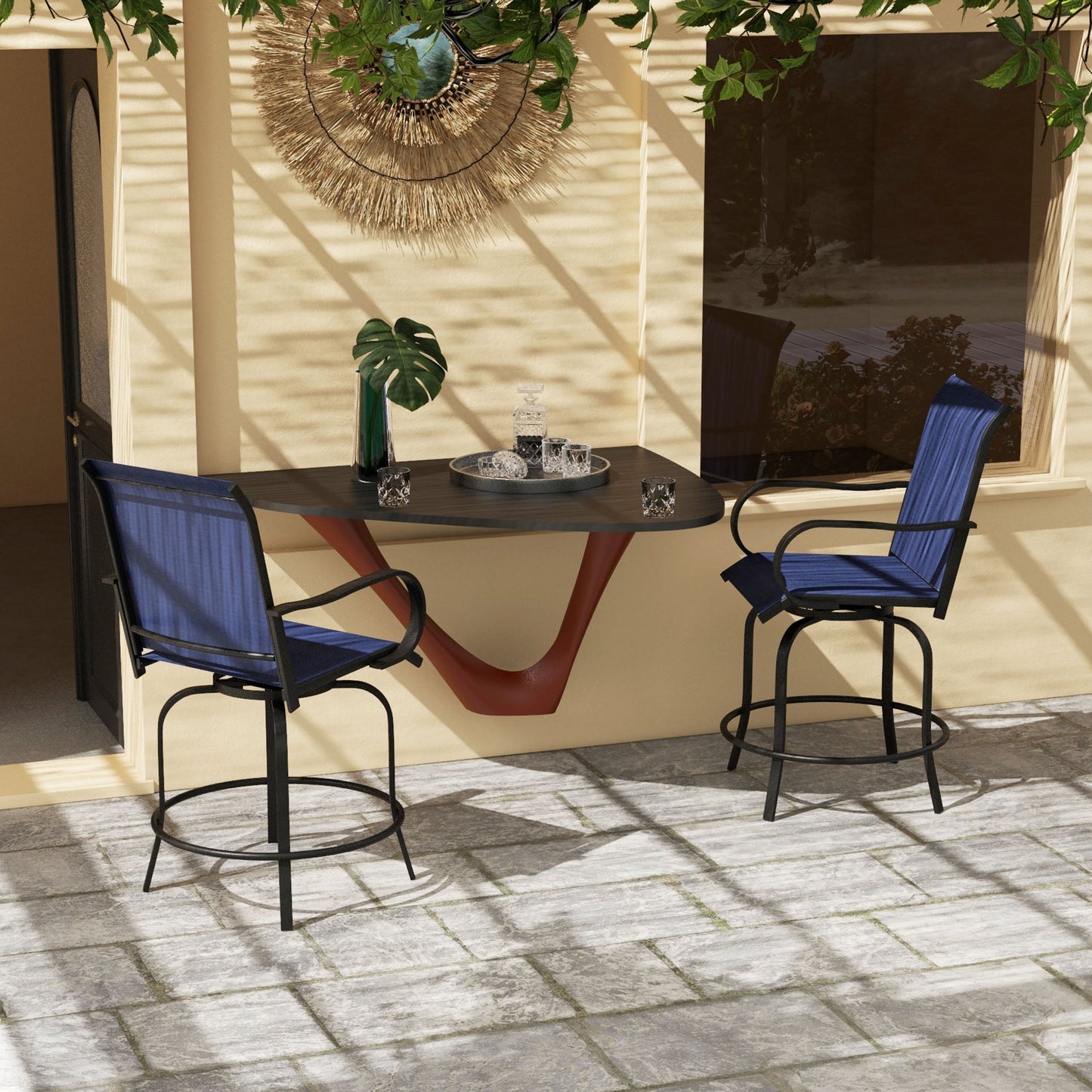 Outdoor Bar Stools Set of 2 with Armrests, 360° Swivel Bar Height Patio Chairs with Mesh Fabric, Steel Frame Dining Chairs, for Balcony, Poolside, Backyard, Navy Blue