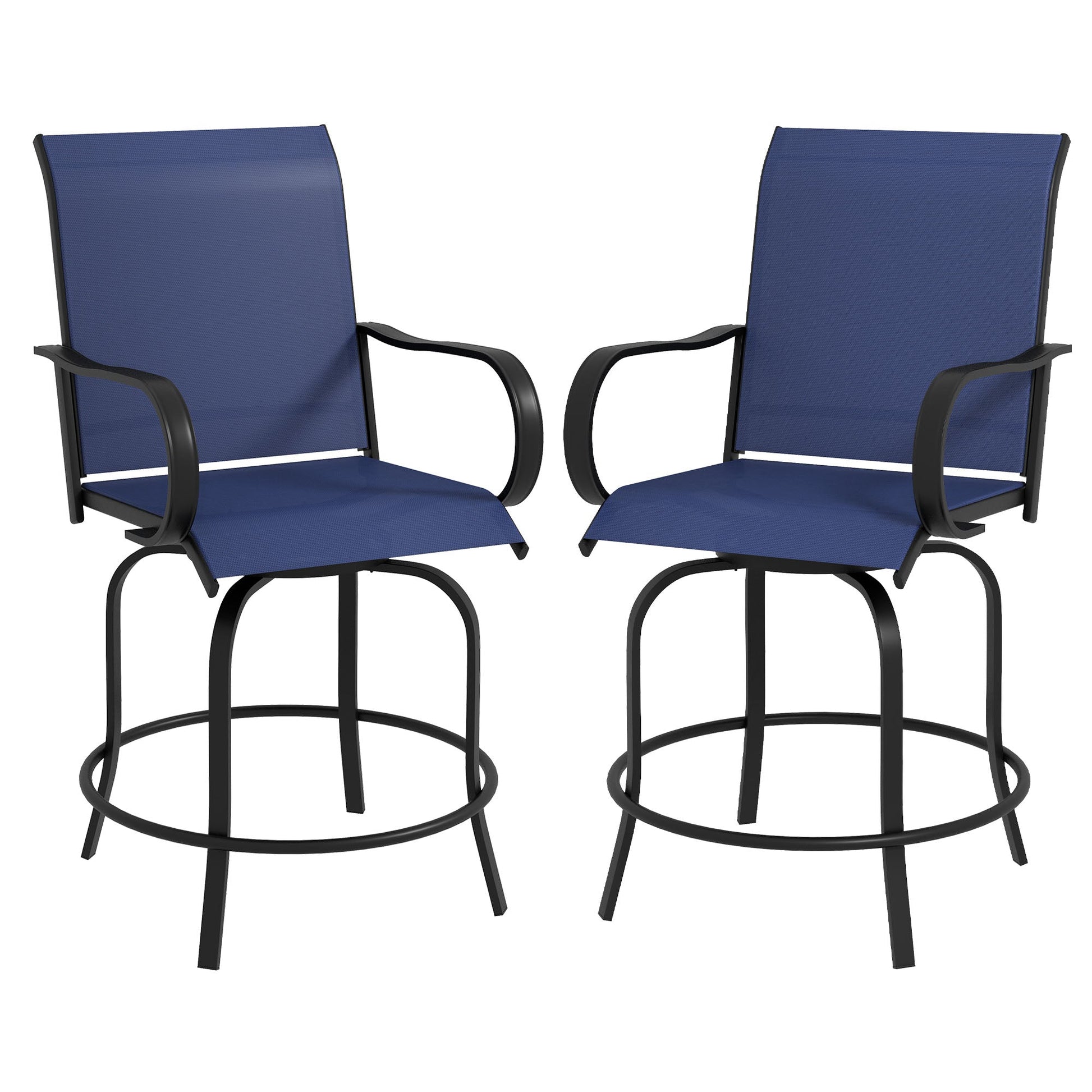 Outdoor Bar Stools Set of 2 with Armrests, 360° Swivel Bar Height Patio Chairs with Mesh Fabric, Steel Frame Dining Chairs, for Balcony, Poolside, Backyard, Navy Blue