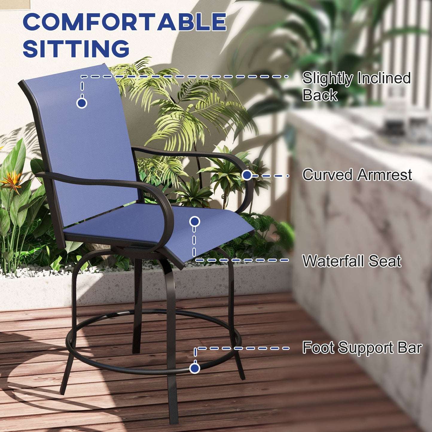 Outdoor Bar Stools Set of 2 with Armrests, 360° Swivel Bar Height Patio Chairs with Mesh Fabric, Steel Frame Dining Chairs, for Balcony, Poolside, Backyard, Navy Blue