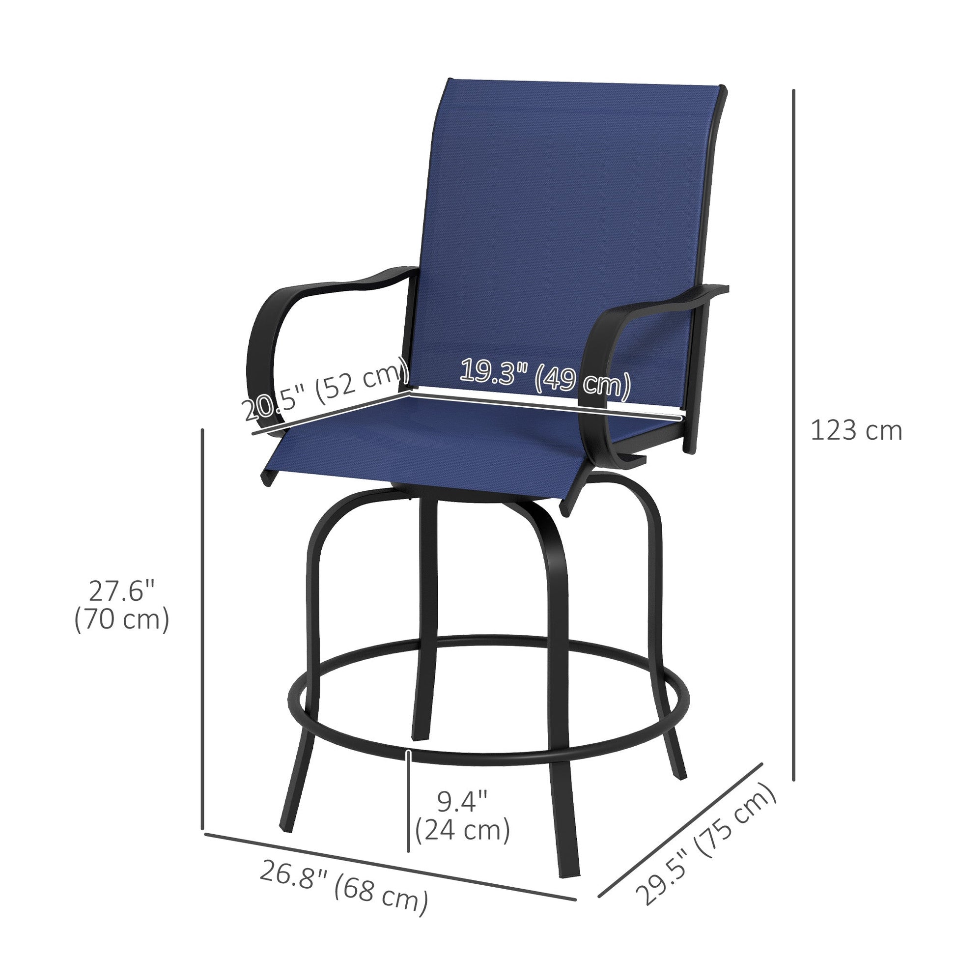 Outdoor Bar Stools Set of 2 with Armrests, 360° Swivel Bar Height Patio Chairs with Mesh Fabric, Steel Frame Dining Chairs, for Balcony, Poolside, Backyard, Navy Blue