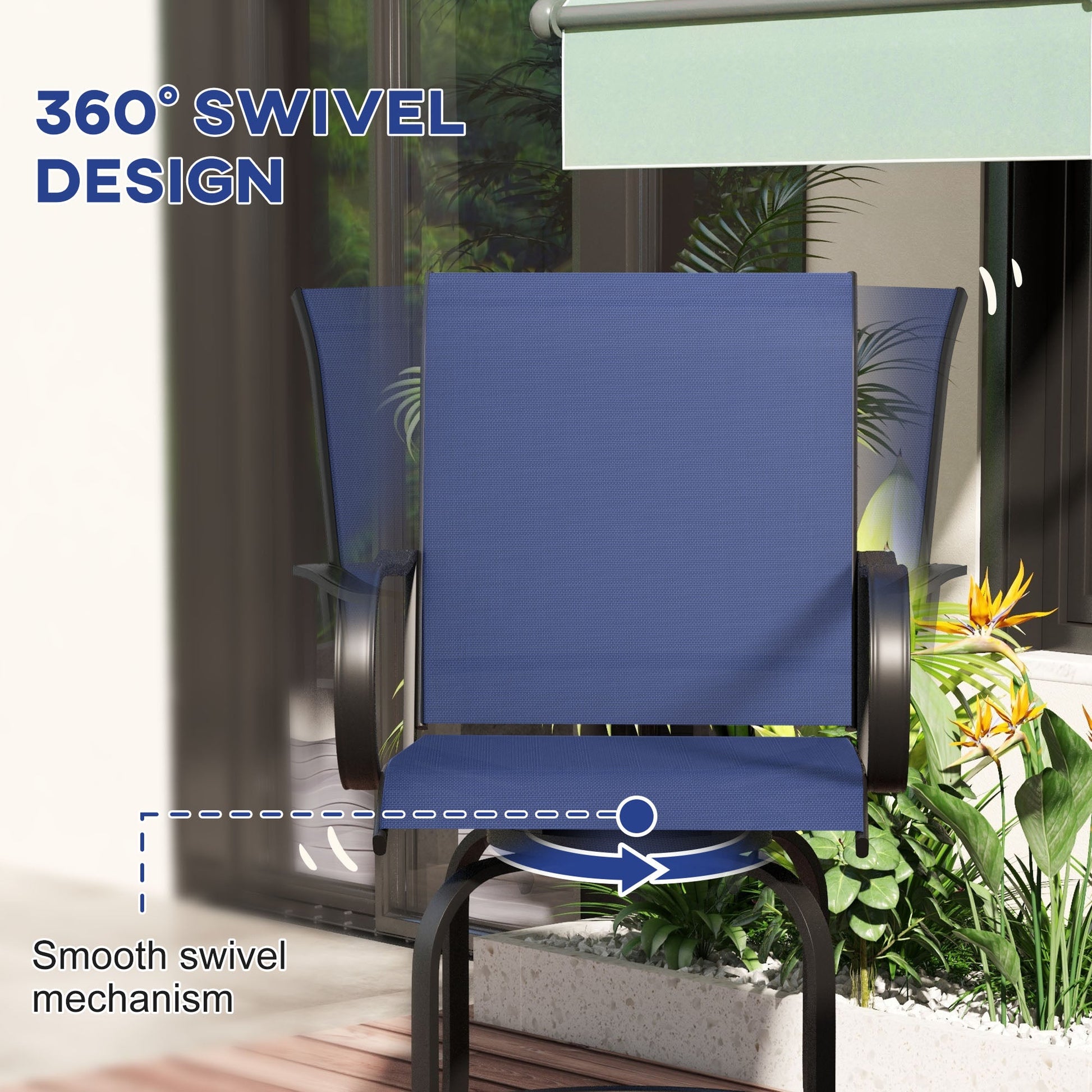 Outdoor Bar Stools Set of 2 with Armrests, 360° Swivel Bar Height Patio Chairs with Mesh Fabric, Steel Frame Dining Chairs, for Balcony, Poolside, Backyard, Navy Blue