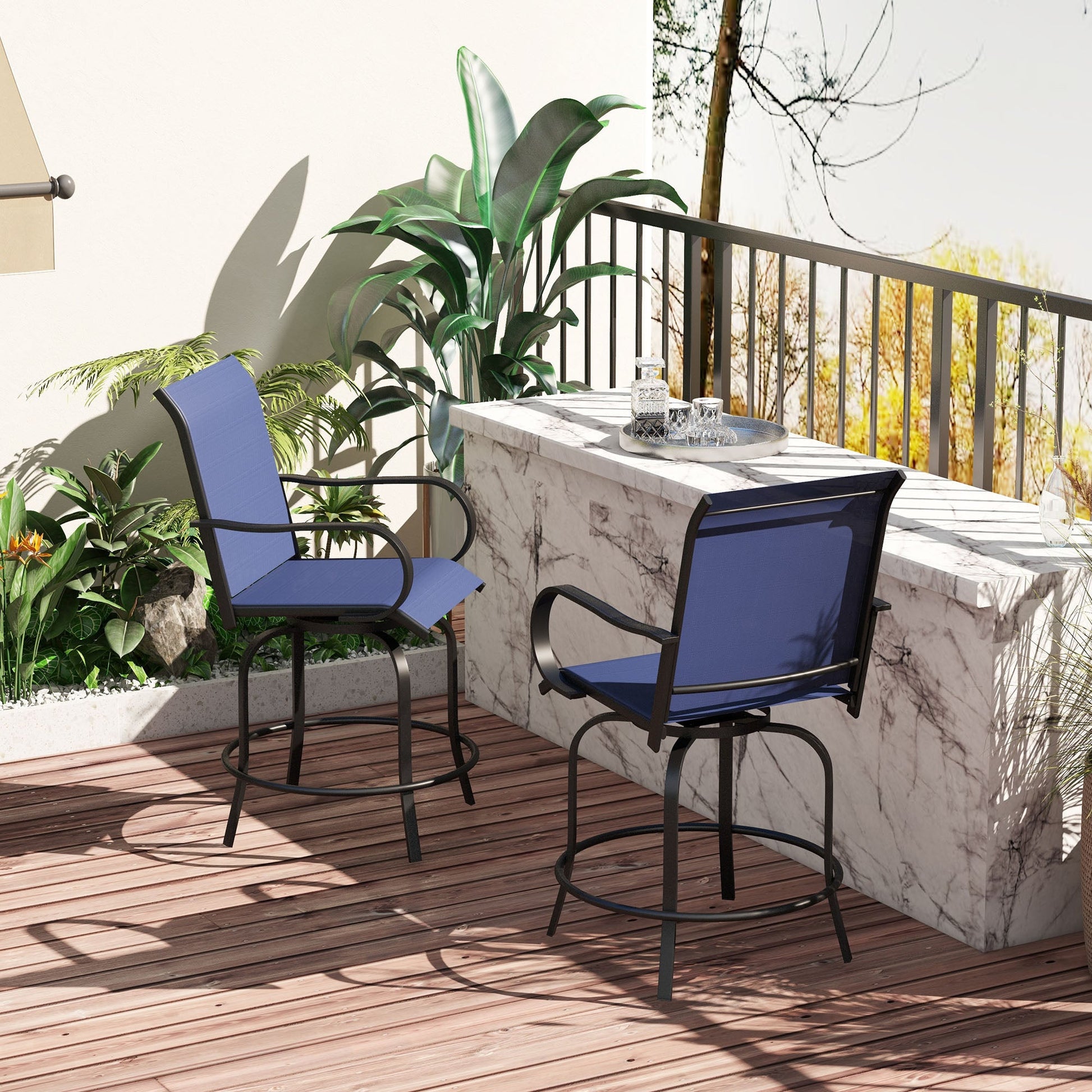 Outdoor Bar Stools Set of 2 with Armrests, 360° Swivel Bar Height Patio Chairs with Mesh Fabric, Steel Frame Dining Chairs, for Balcony, Poolside, Backyard, Navy Blue