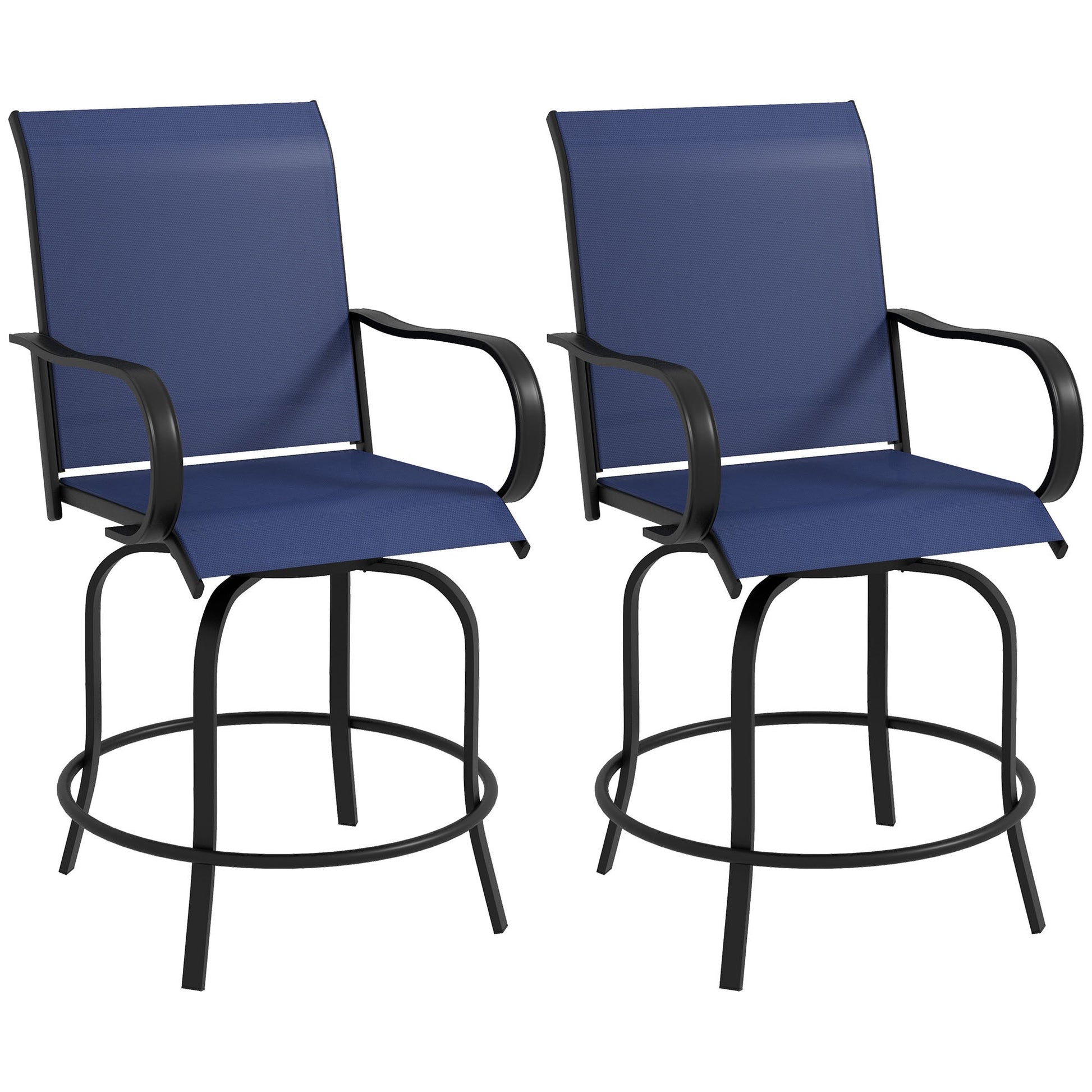 Outdoor Bar Stools Set of 2 with Armrests, 360° Swivel Bar Height Patio Chairs with Mesh Fabric, Steel Frame Dining Chairs, for Balcony, Poolside, Backyard, Navy Blue
