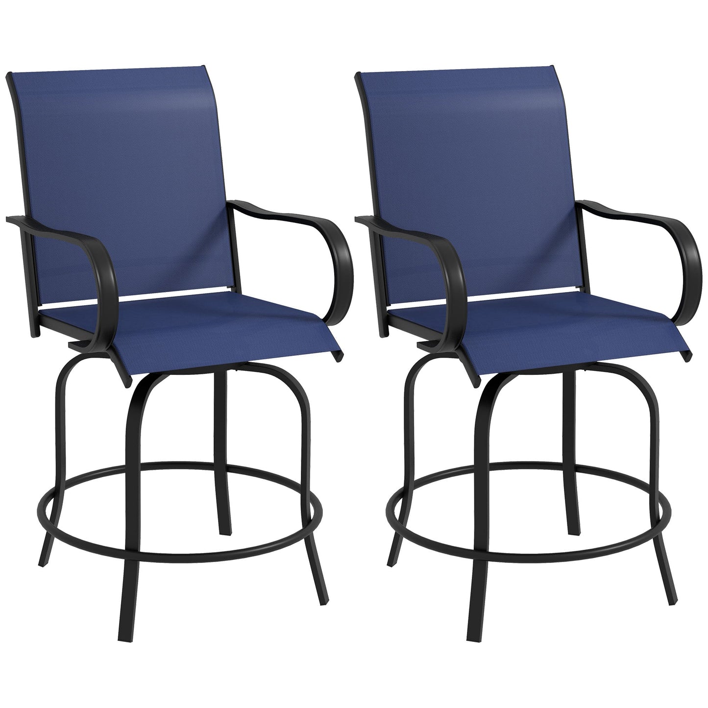 Outdoor Bar Stools Set of 2 with Armrests, 360° Swivel Bar Height Patio Chairs with Mesh Fabric, Steel Frame Dining Chairs, for Balcony, Poolside, Backyard, Navy Blue