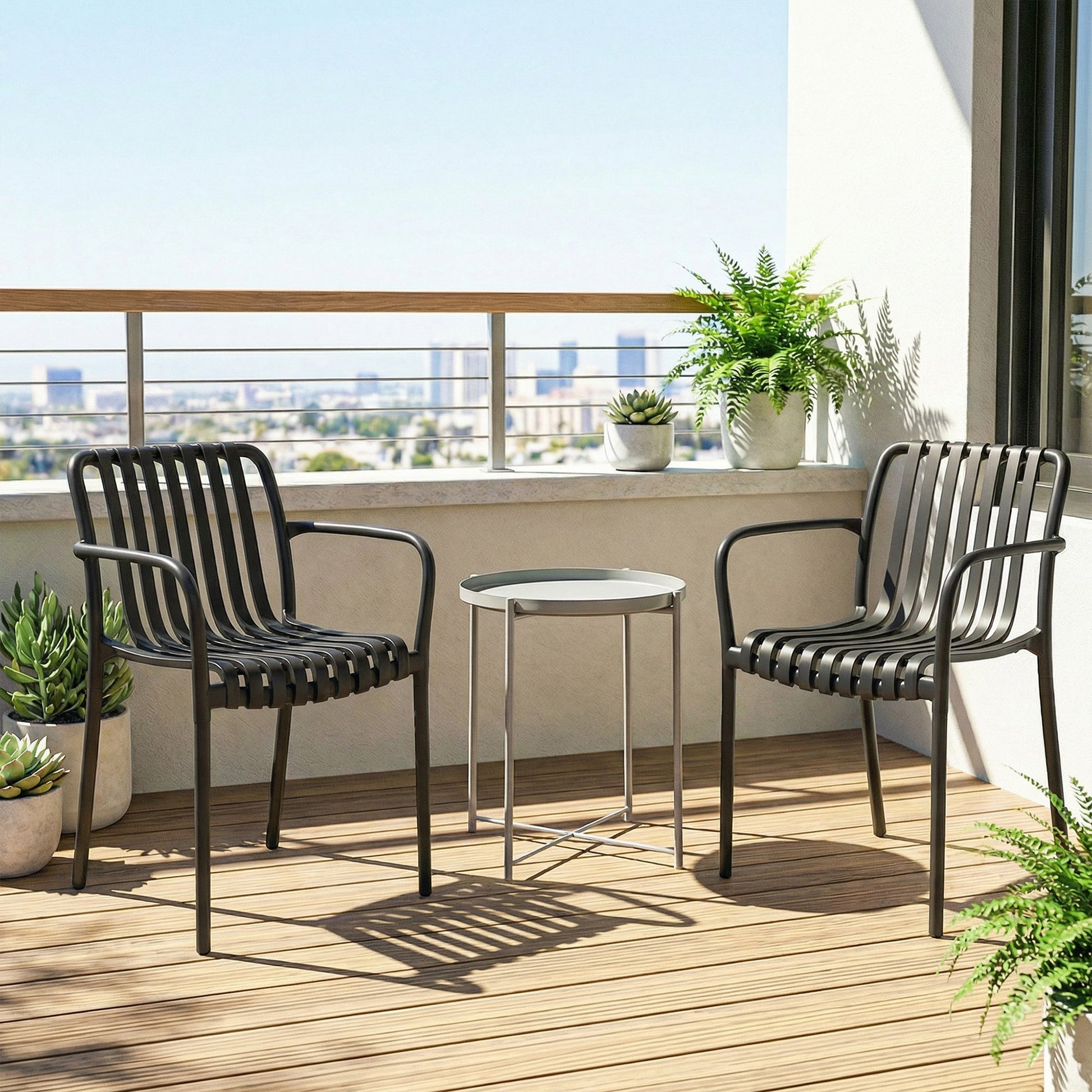 Stackable Patio Chairs Set of 4, Outdoor Patio Dining Chairs with Curved Backrest, Slatted Seat and Armrest for Indoor, Outdoor, Balcony, Deck, Garden,  Plastic, Black