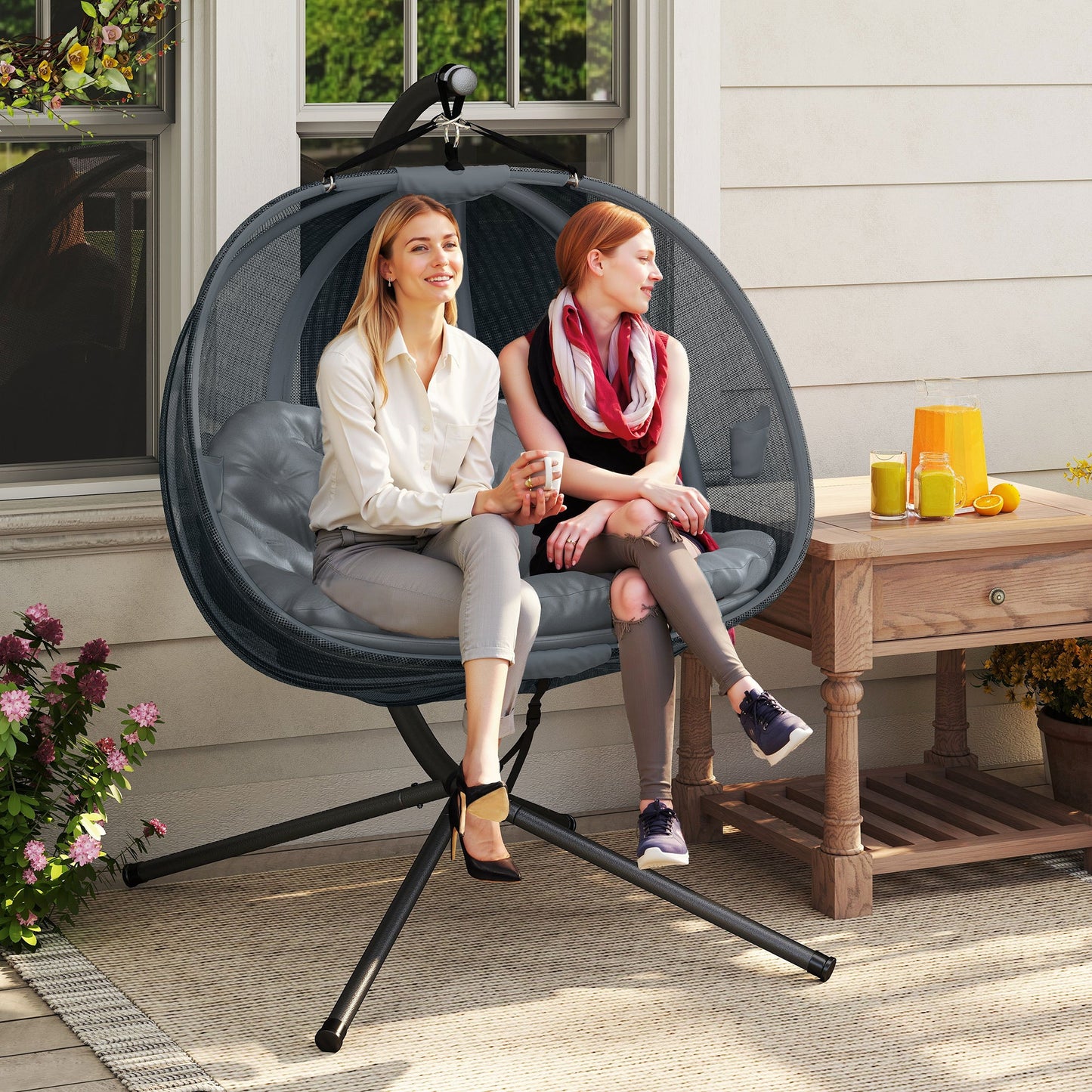 Double Egg Chair with Stand, 2 Person Hanging Swing Egg Chair Outdoor Indoor, 528 LBS Capacity Loveseat Hammock Swing with Cushion, Pockets, Grey