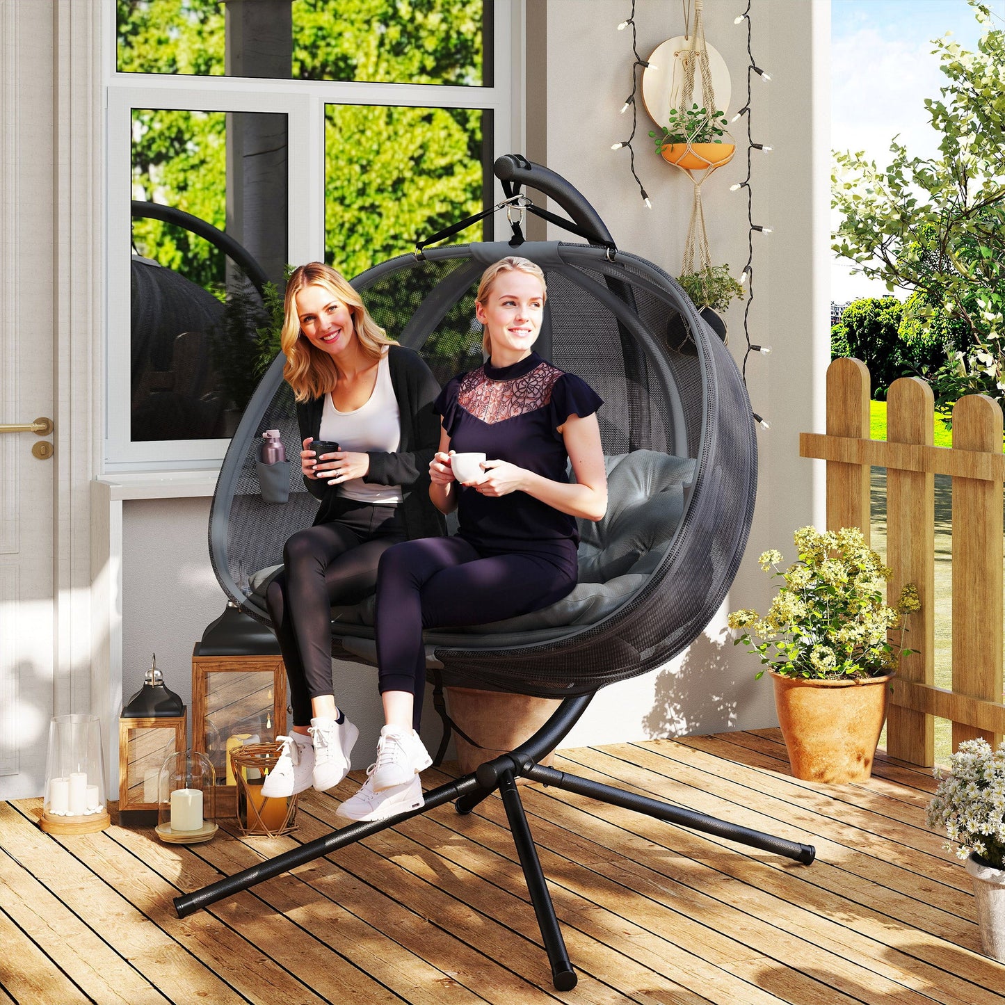 Double Egg Chair with Stand, 2 Person Hanging Swing Egg Chair Outdoor Indoor, 528 LBS Capacity Loveseat Hammock Swing with Cushion, Pockets, Grey