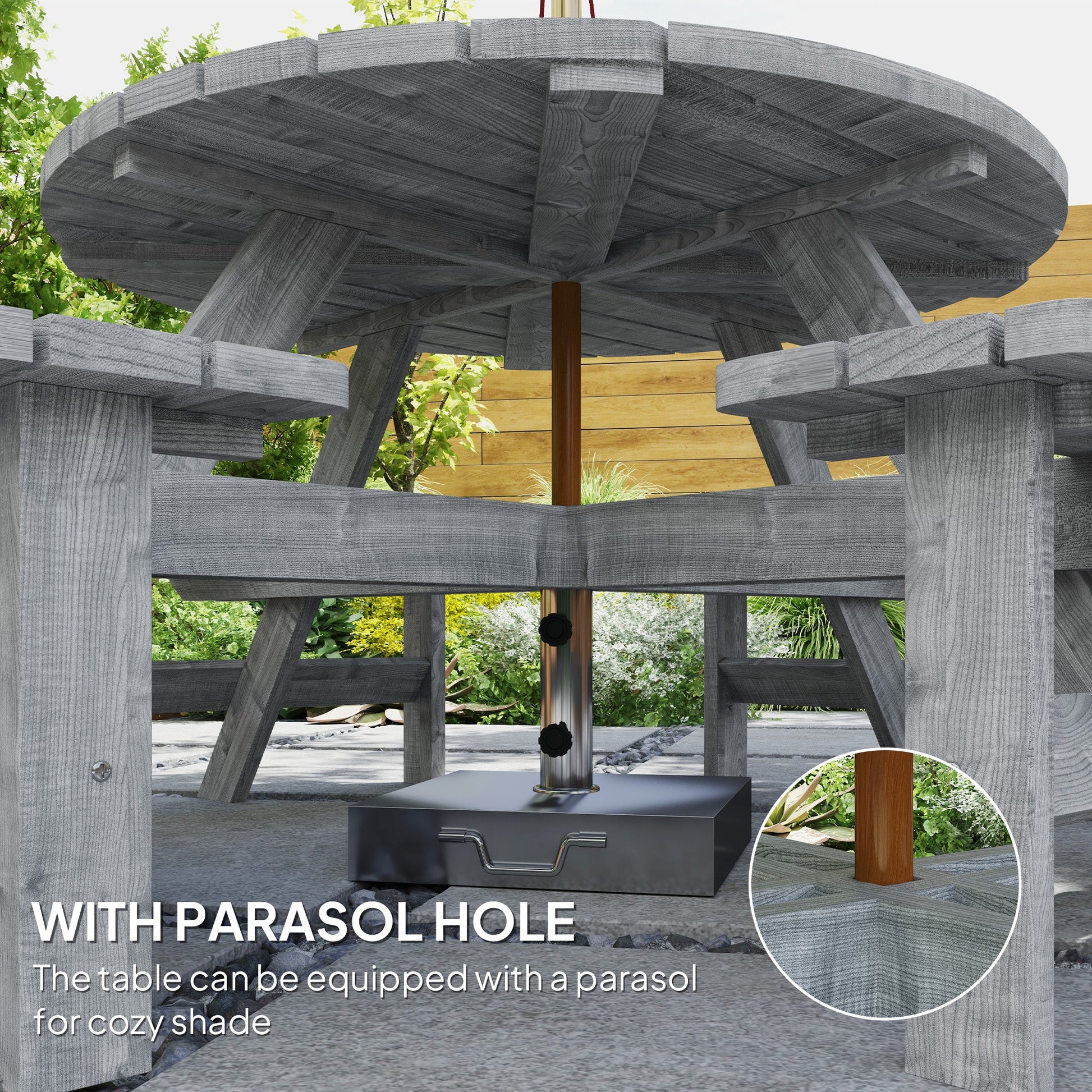 Wooden Patio Dining Set for 8 People, Outdoor Table and Benches Set with 4 Double-Seat Benches & Round Picnic Table (Umbrella Not Included), Φ70.1" x 27.6" H, Grey