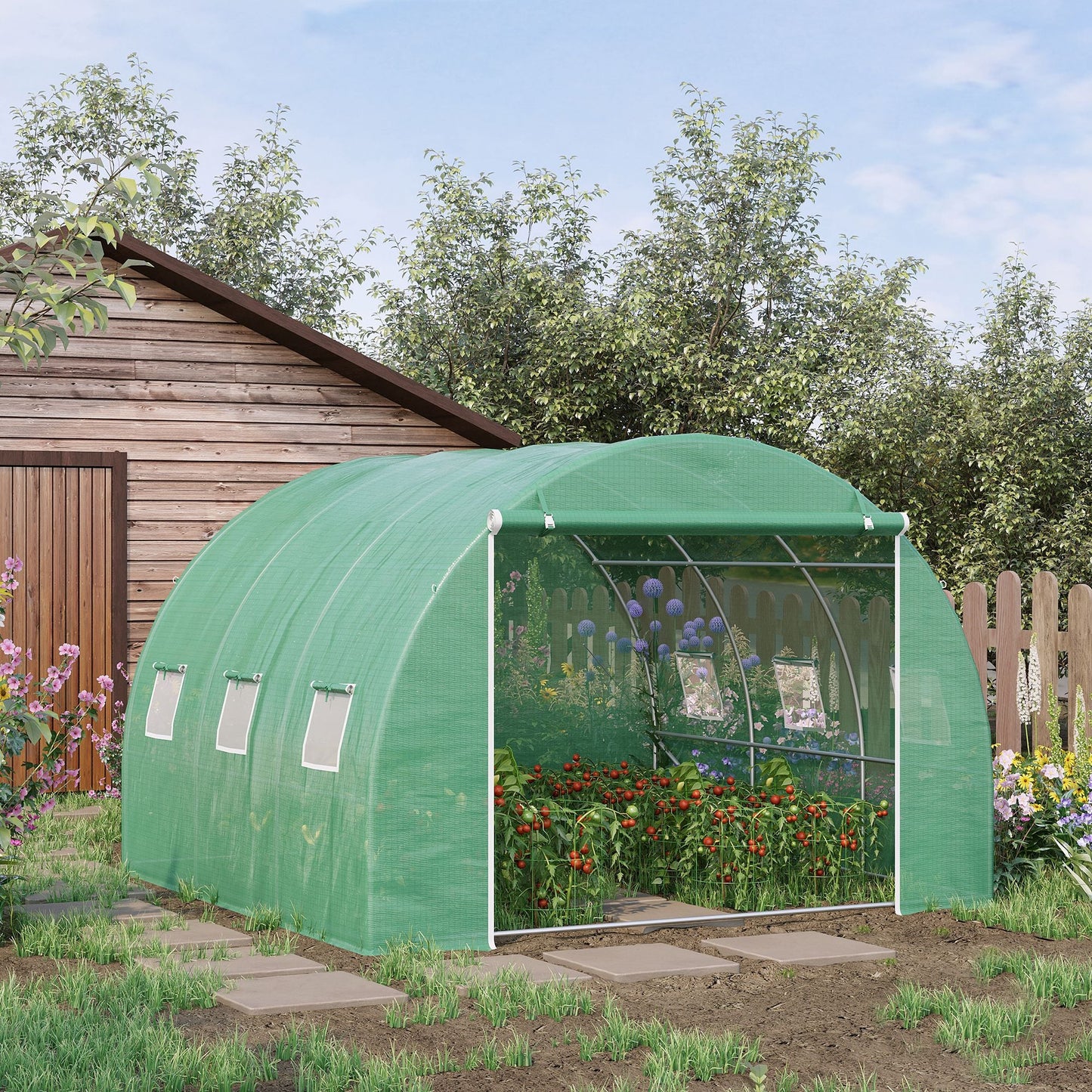 10' x 10' x 6.5' Walk-in Tunnel Hoop Greenhouse, Polyethylene PE Cover, Steel Frame, Roll-Up Zipper Door & Windows for Flowers, Vegetables, Tropical Plants, Green