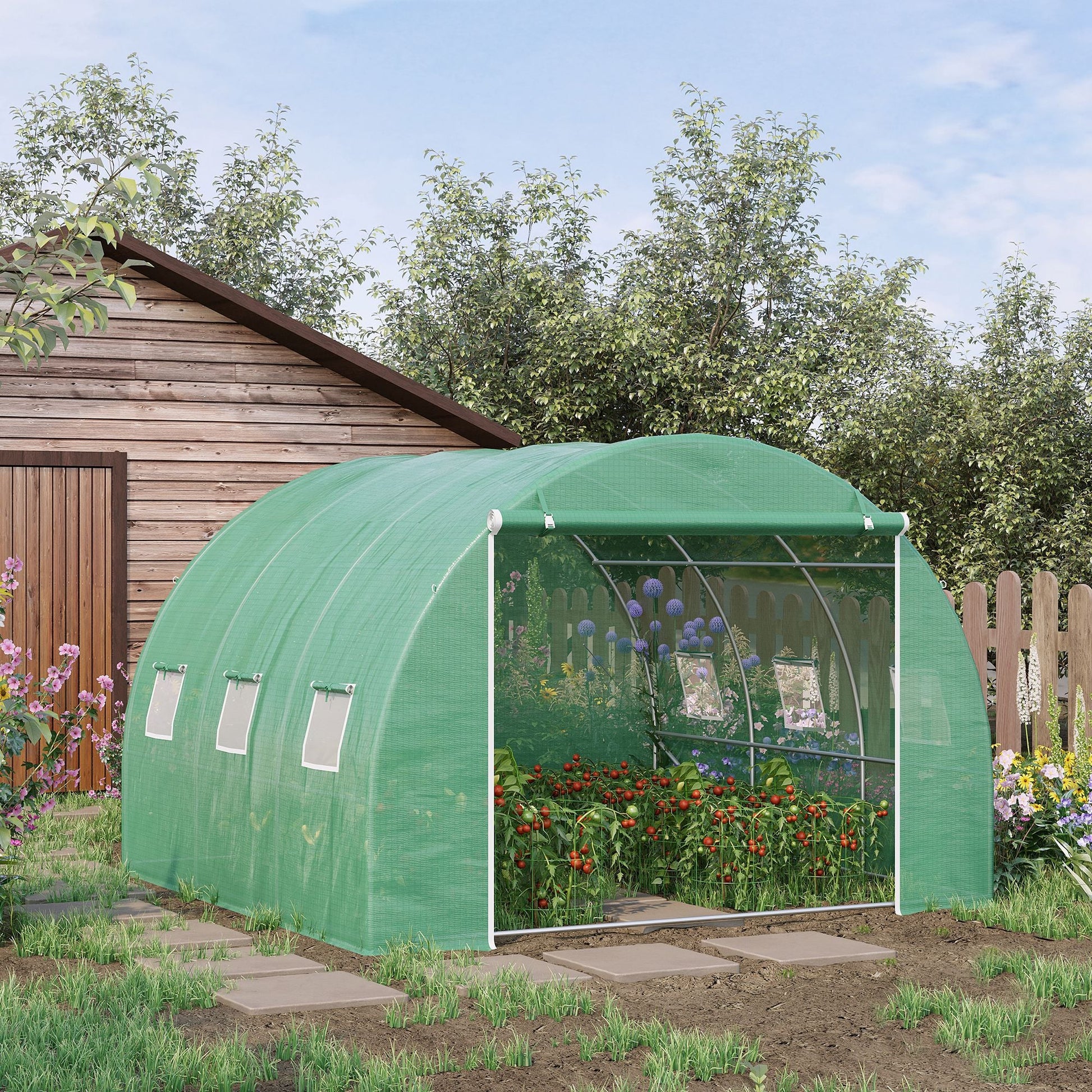 10' x 10' x 6.5' Walk-in Tunnel Hoop Greenhouse, Polyethylene PE Cover, Steel Frame, Roll-Up Zipper Door & Windows for Flowers, Vegetables, Tropical Plants, Green