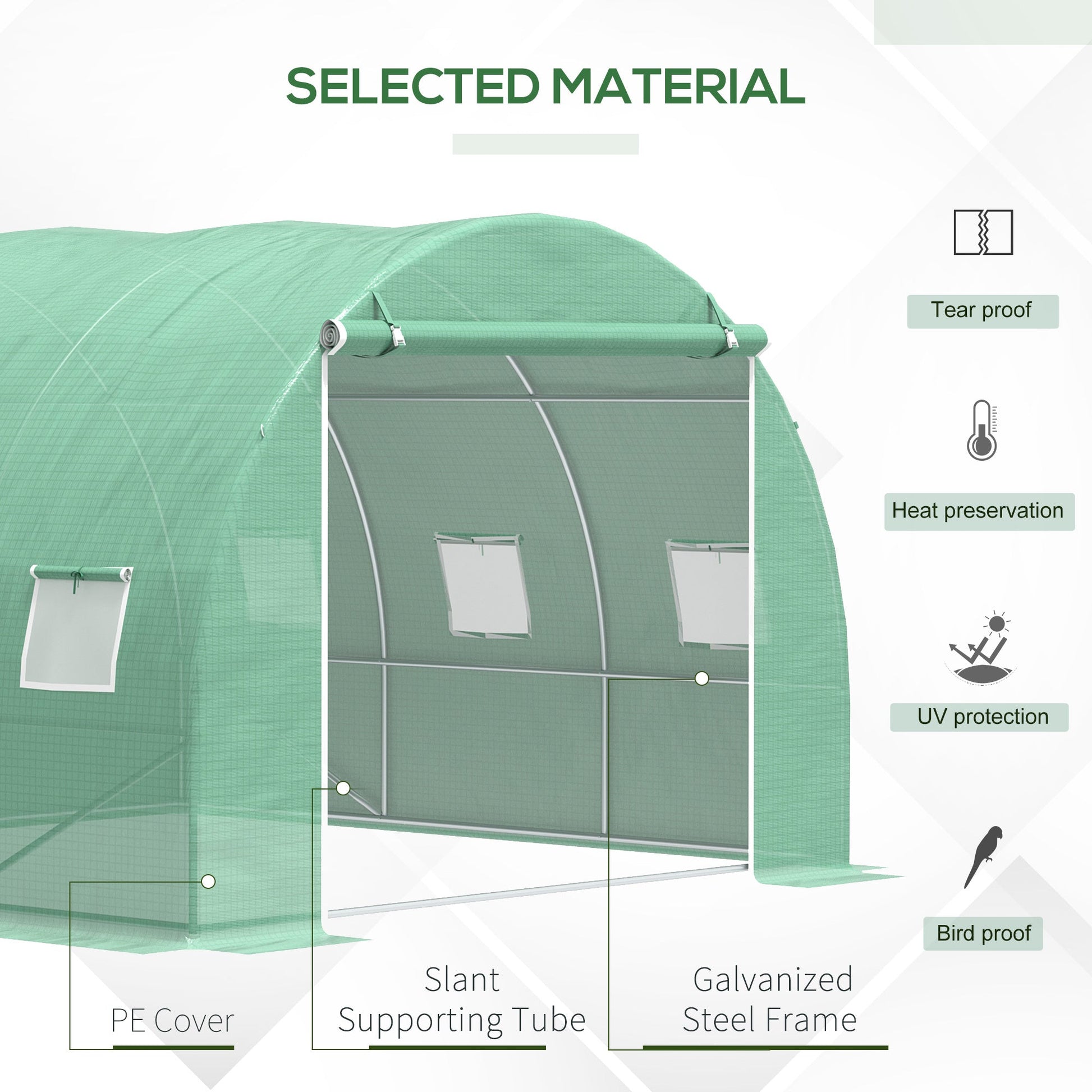 10' x 10' x 6.5' Walk-in Tunnel Hoop Greenhouse, Polyethylene PE Cover, Steel Frame, Roll-Up Zipper Door & Windows for Flowers, Vegetables, Tropical Plants, Green