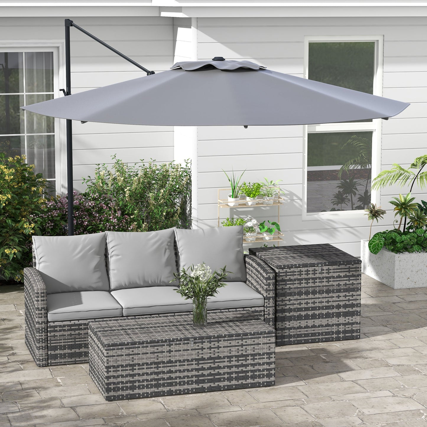 10 FT Cantilever Patio Umbrella, Round Hanging Offset Umbrella with 360°Rotation, Crank, Tilt, Cross Base, 8 Ribs, Air Vent, Outdoor Umbrella for Garden, Backyard, Grey
