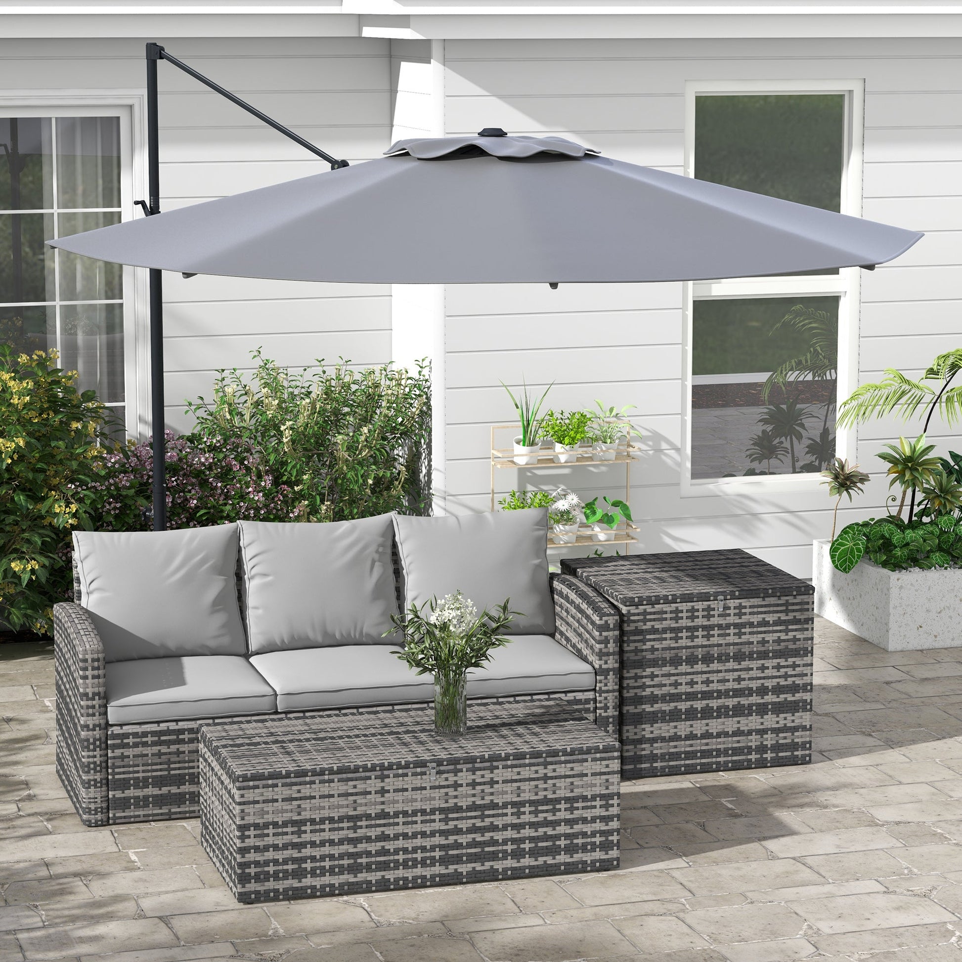 10 FT Cantilever Patio Umbrella, Round Hanging Offset Umbrella with 360°Rotation, Crank, Tilt, Cross Base, 8 Ribs, Air Vent, Outdoor Umbrella for Garden, Backyard, Grey