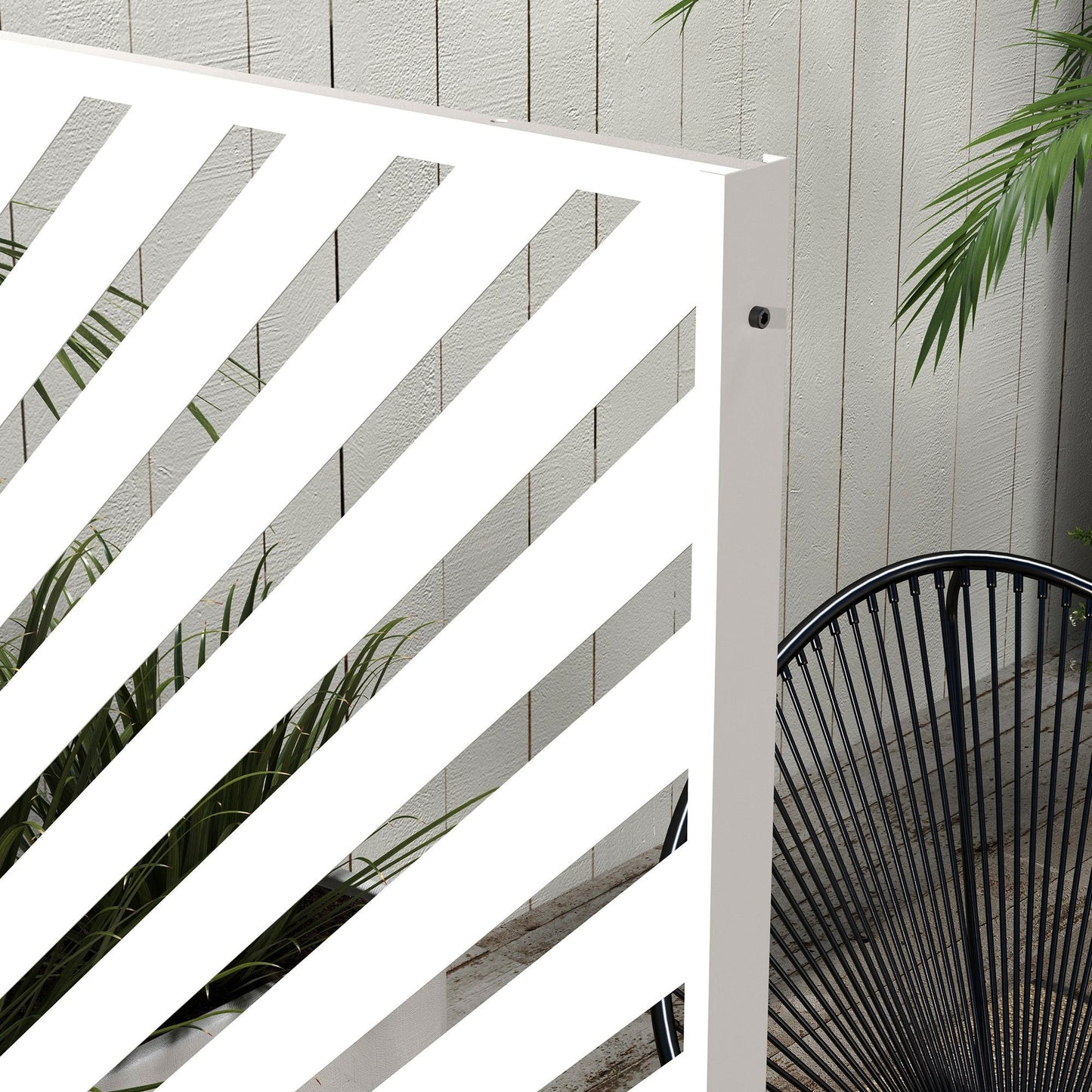 Metal Outdoor Privacy Screen, Decorative Outdoor Divider with Stand and Expansion Screws, Freestanding Privacy Panel for Garden, Backyard, Deck, Triangle Style, White