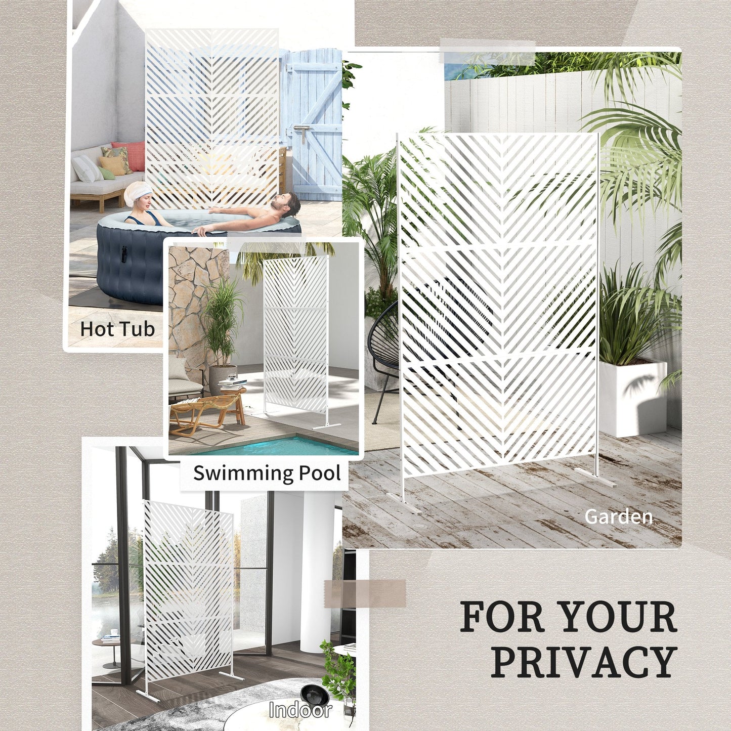 Metal Outdoor Privacy Screen, Decorative Outdoor Divider with Stand and Expansion Screws, Freestanding Privacy Panel for Garden, Backyard, Deck, Triangle Style, White