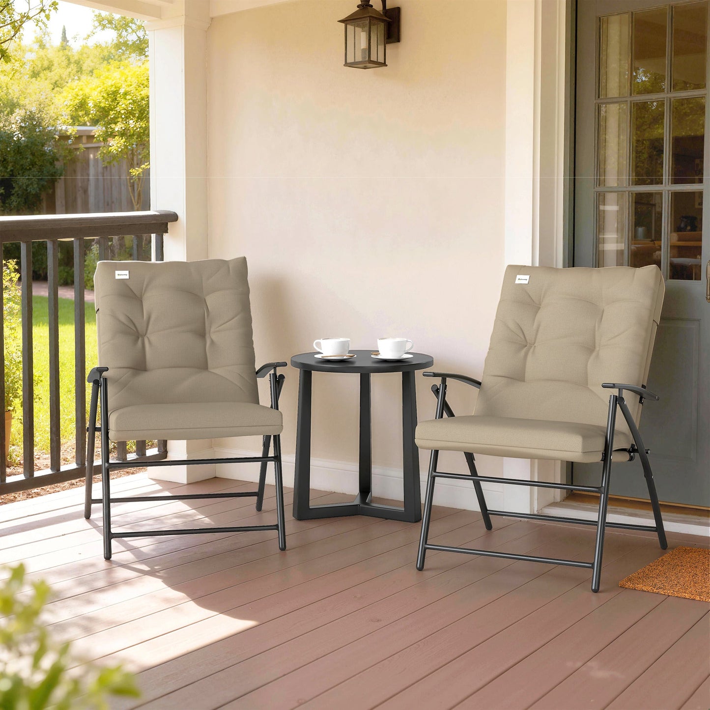 Set of 2 Outdoor Dining Chairs, Folding Patio Chair with Adjustable Backrest, Padded Folding Chairs for Outdoor Events, Khaki
