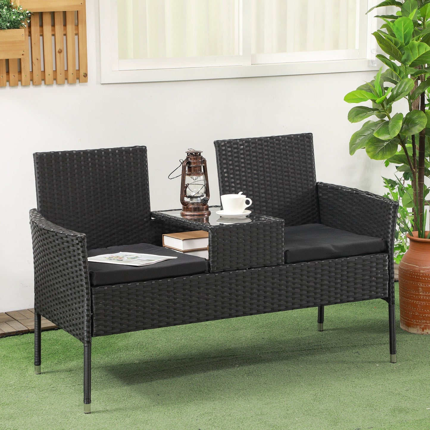2-Seat Patio Furniture with Tea Table, Outdoor PE Rattan Wicker Loveseat with Padded Cushions and Tempered Glass Top for Garden, Porch, Poolside, Black
