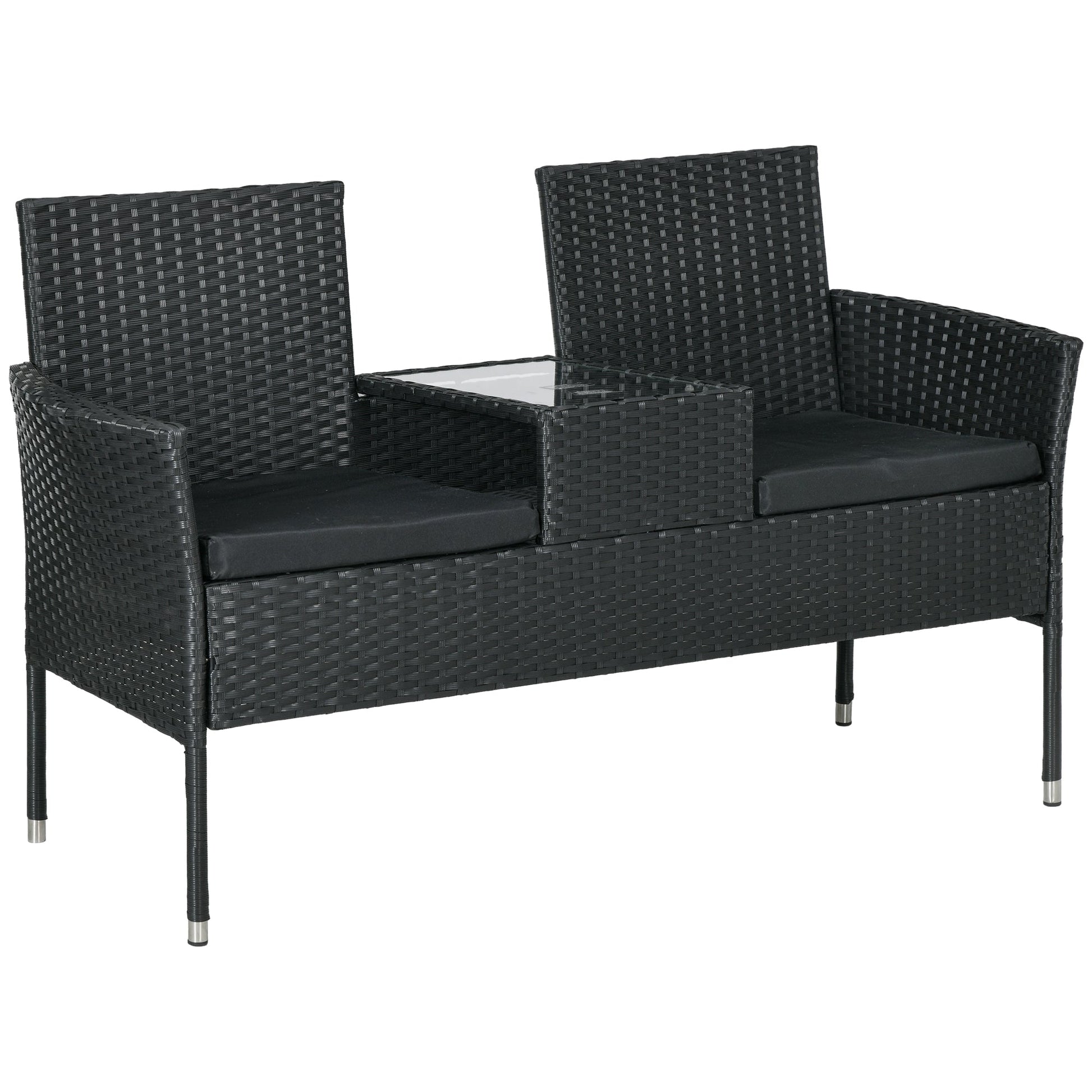 2-Seat Patio Furniture with Tea Table, Outdoor PE Rattan Wicker Loveseat with Padded Cushions and Tempered Glass Top for Garden, Porch, Poolside, Black