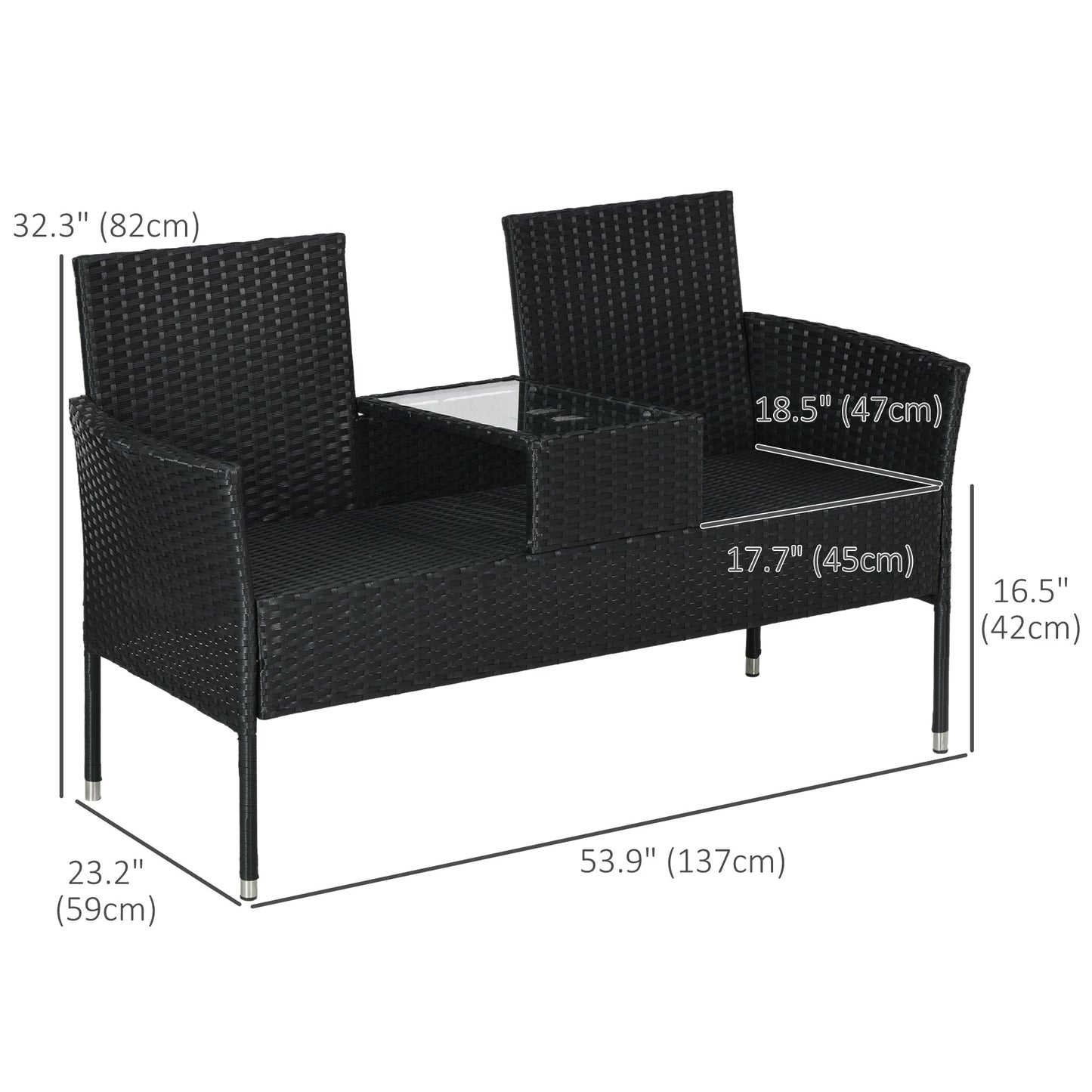 2-Seat Patio Furniture with Tea Table, Outdoor PE Rattan Wicker Loveseat with Padded Cushions and Tempered Glass Top for Garden, Porch, Poolside, Black