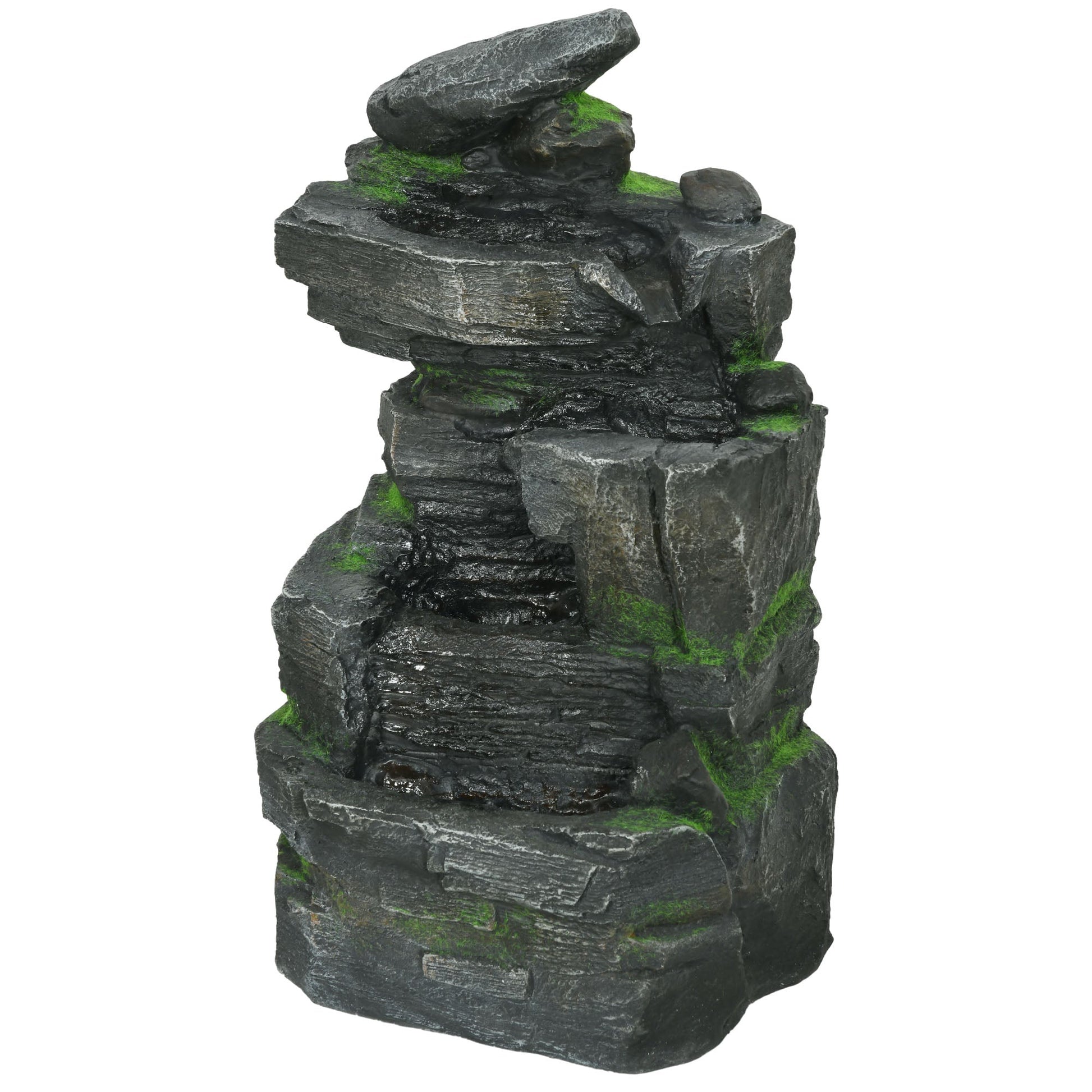 Stacked Stone Rock Cascading Water Fountain, 4-Tier Waterfall Fountain with LED Lights, 22.4-inch Resin Outdoor Fountain for Zen Garden, Deck, Porch, Backyard