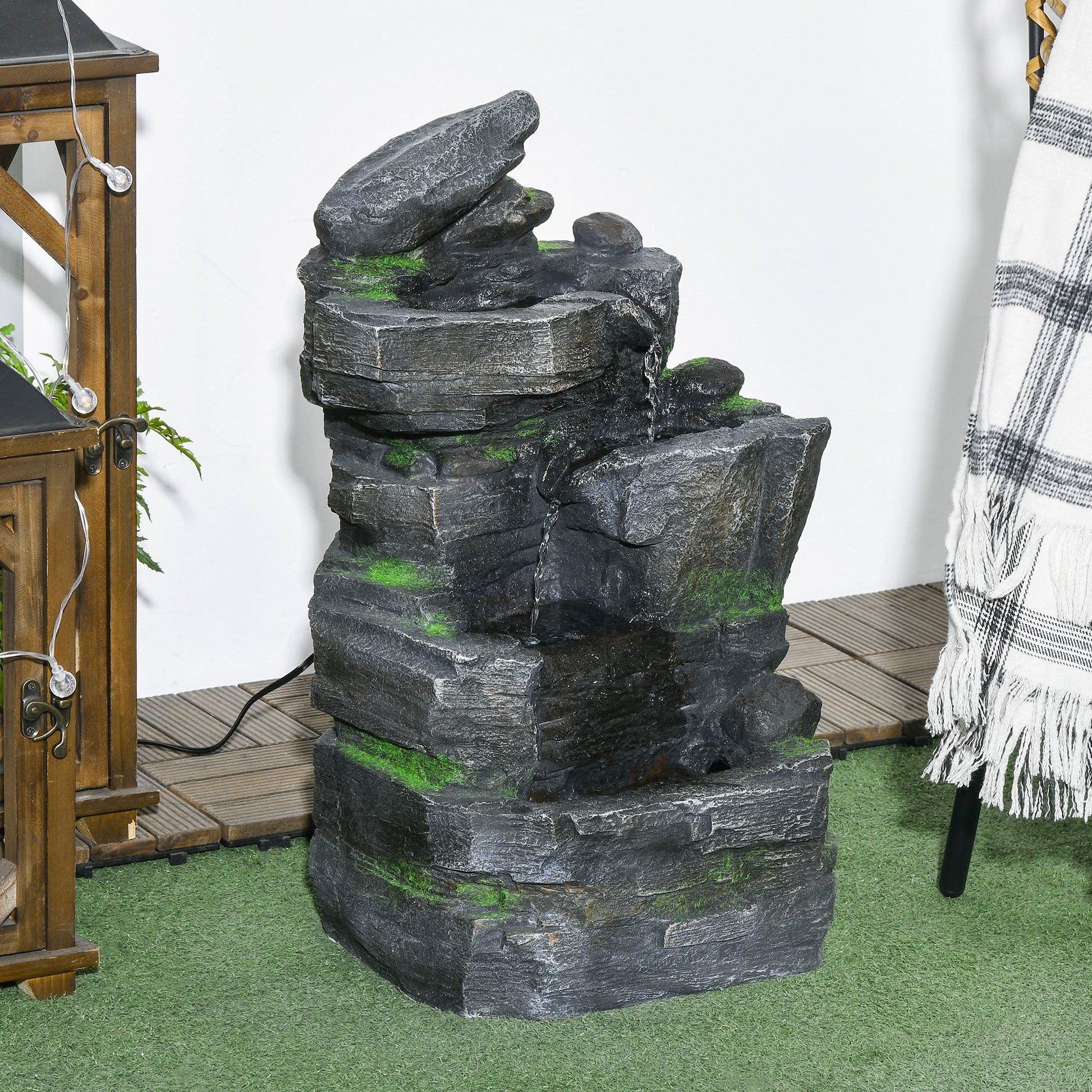 Stacked Stone Rock Cascading Water Fountain, 4-Tier Waterfall Fountain with LED Lights, 22.4-inch Resin Outdoor Fountain for Zen Garden, Deck, Porch, Backyard