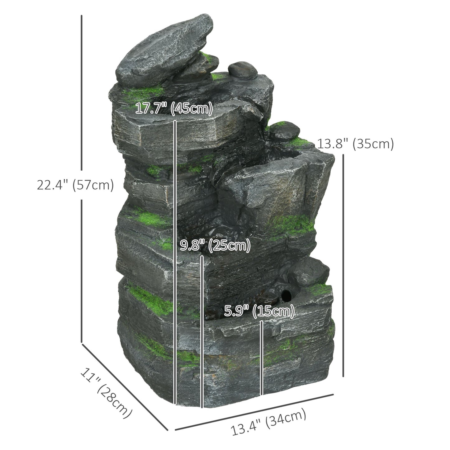 Stacked Stone Rock Cascading Water Fountain, 4-Tier Waterfall Fountain with LED Lights, 22.4-inch Resin Outdoor Fountain for Zen Garden, Deck, Porch, Backyard