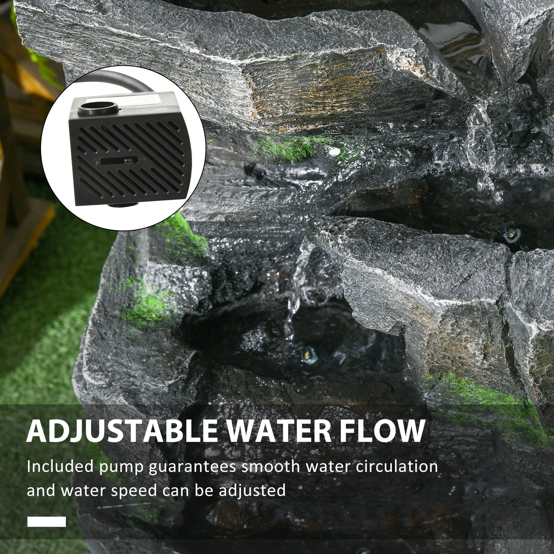 Stacked Stone Rock Cascading Water Fountain, 4-Tier Waterfall Fountain with LED Lights, 22.4-inch Resin Outdoor Fountain for Zen Garden, Deck, Porch, Backyard