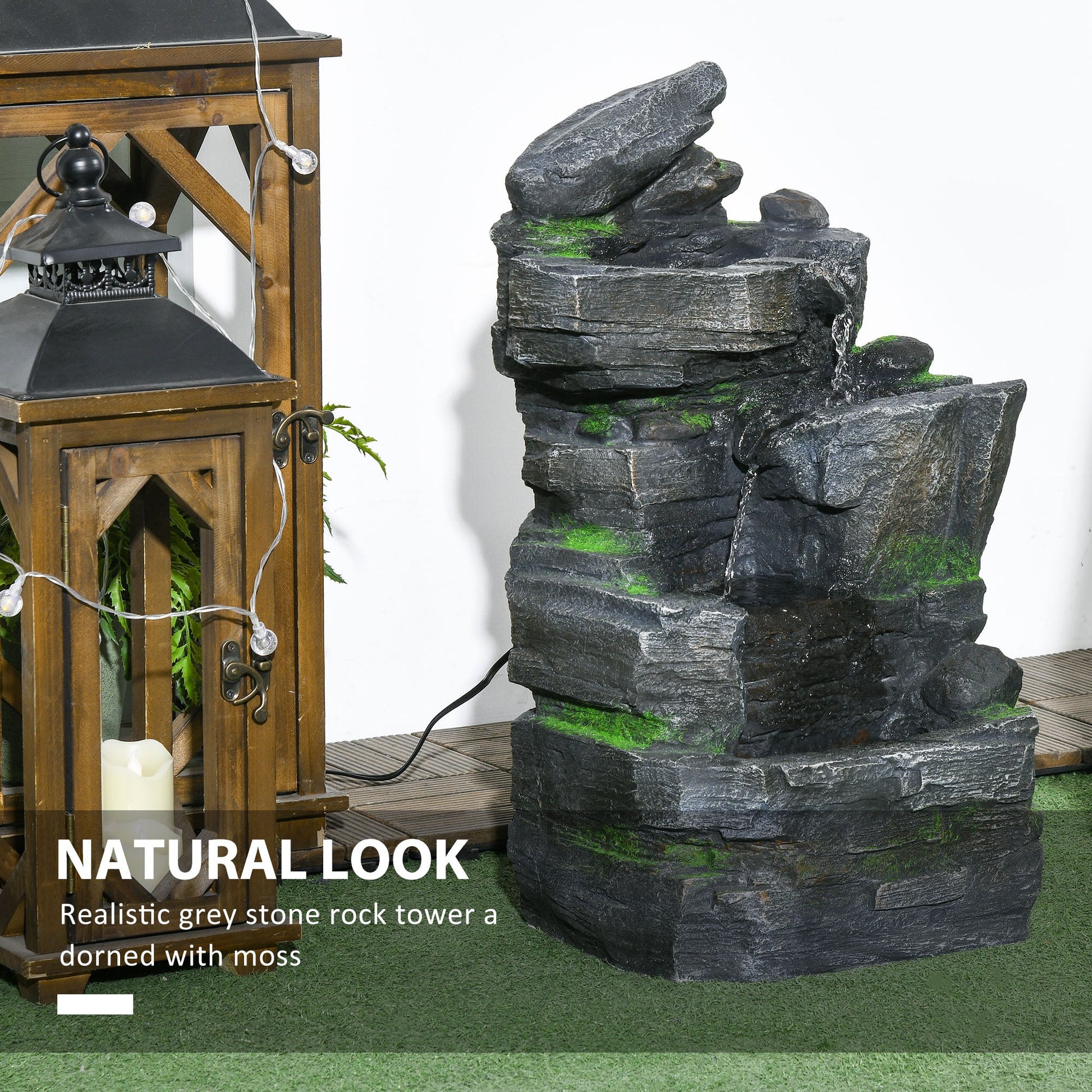 Stacked Stone Rock Cascading Water Fountain, 4-Tier Waterfall Fountain with LED Lights, 22.4-inch Resin Outdoor Fountain for Zen Garden, Deck, Porch, Backyard