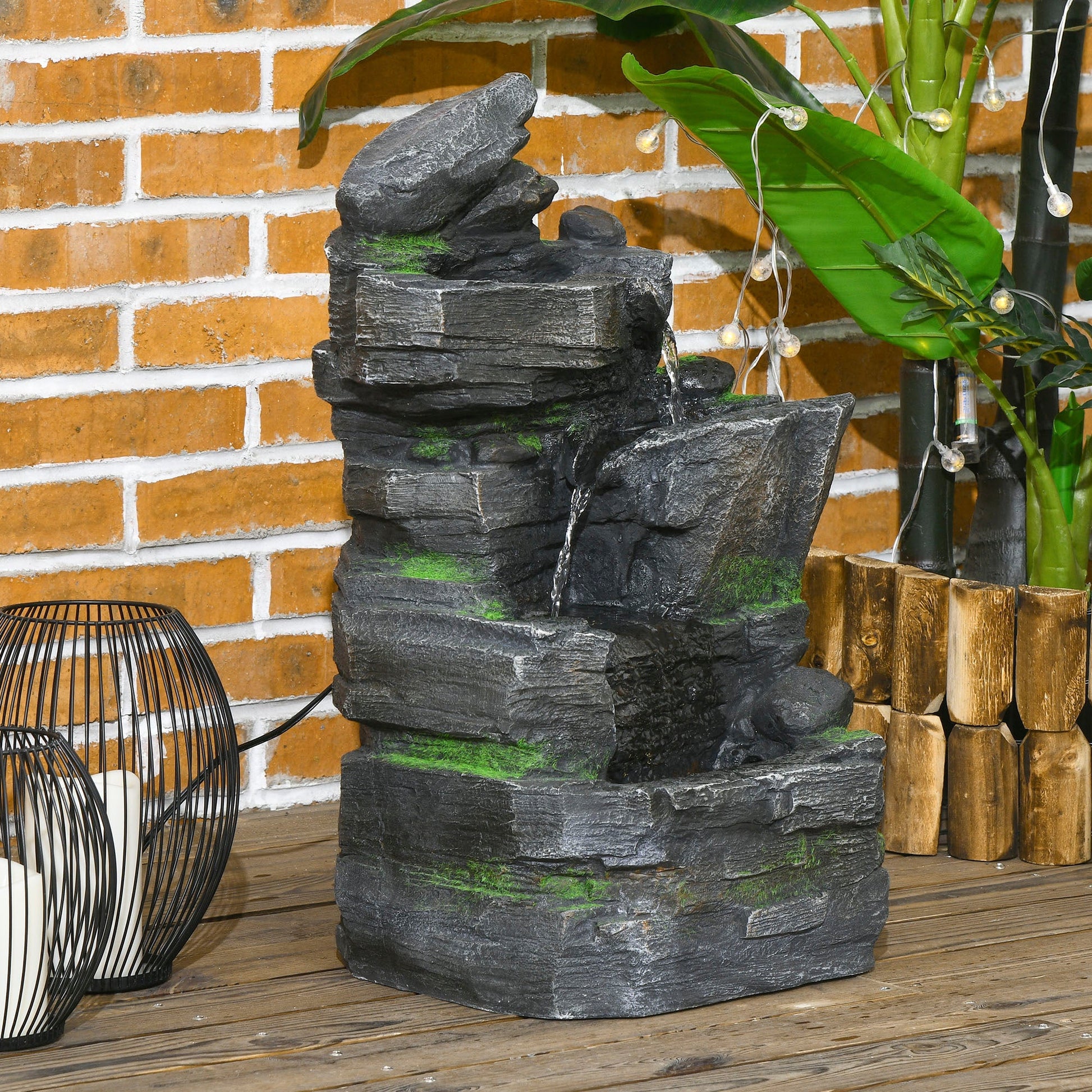 Stacked Stone Rock Cascading Water Fountain, 4-Tier Waterfall Fountain with LED Lights, 22.4-inch Resin Outdoor Fountain for Zen Garden, Deck, Porch, Backyard