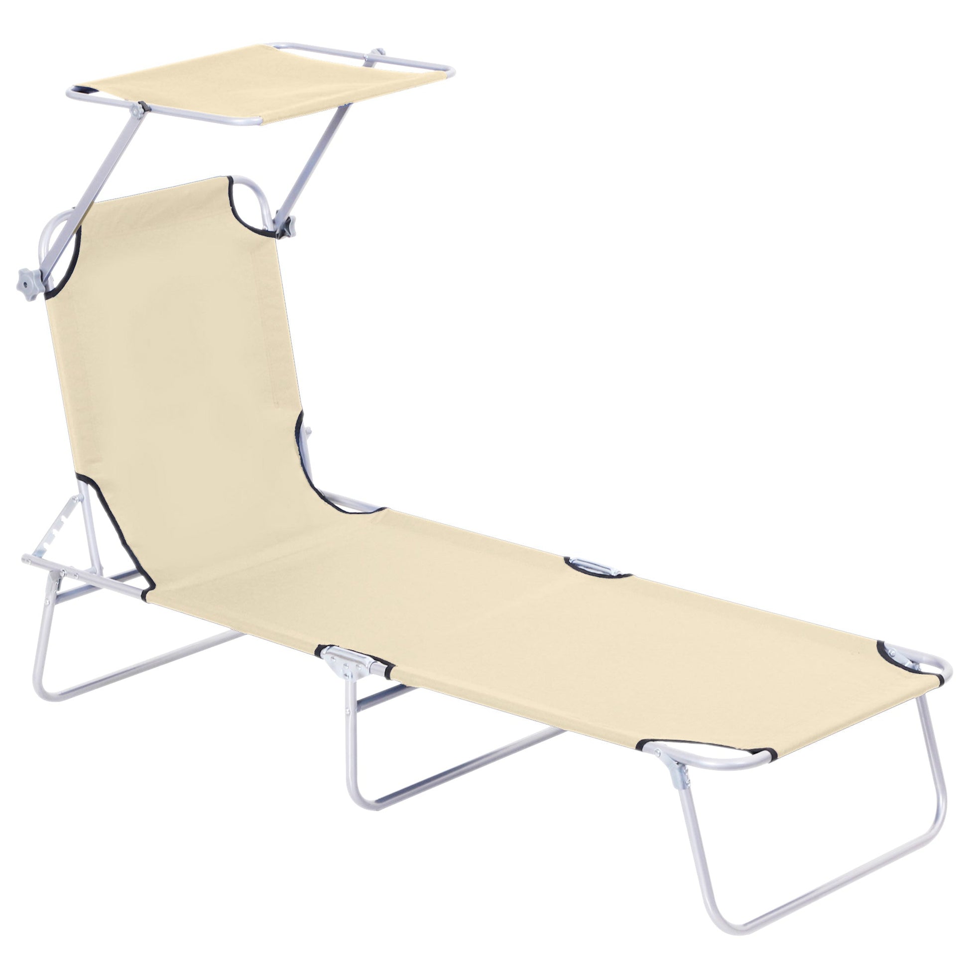 Outdoor Lounge Chair, Adjustable Folding Chaise Lounge, Tanning Chair with Sun Shade for Beach, Camping, Hiking, Backyard, Beige