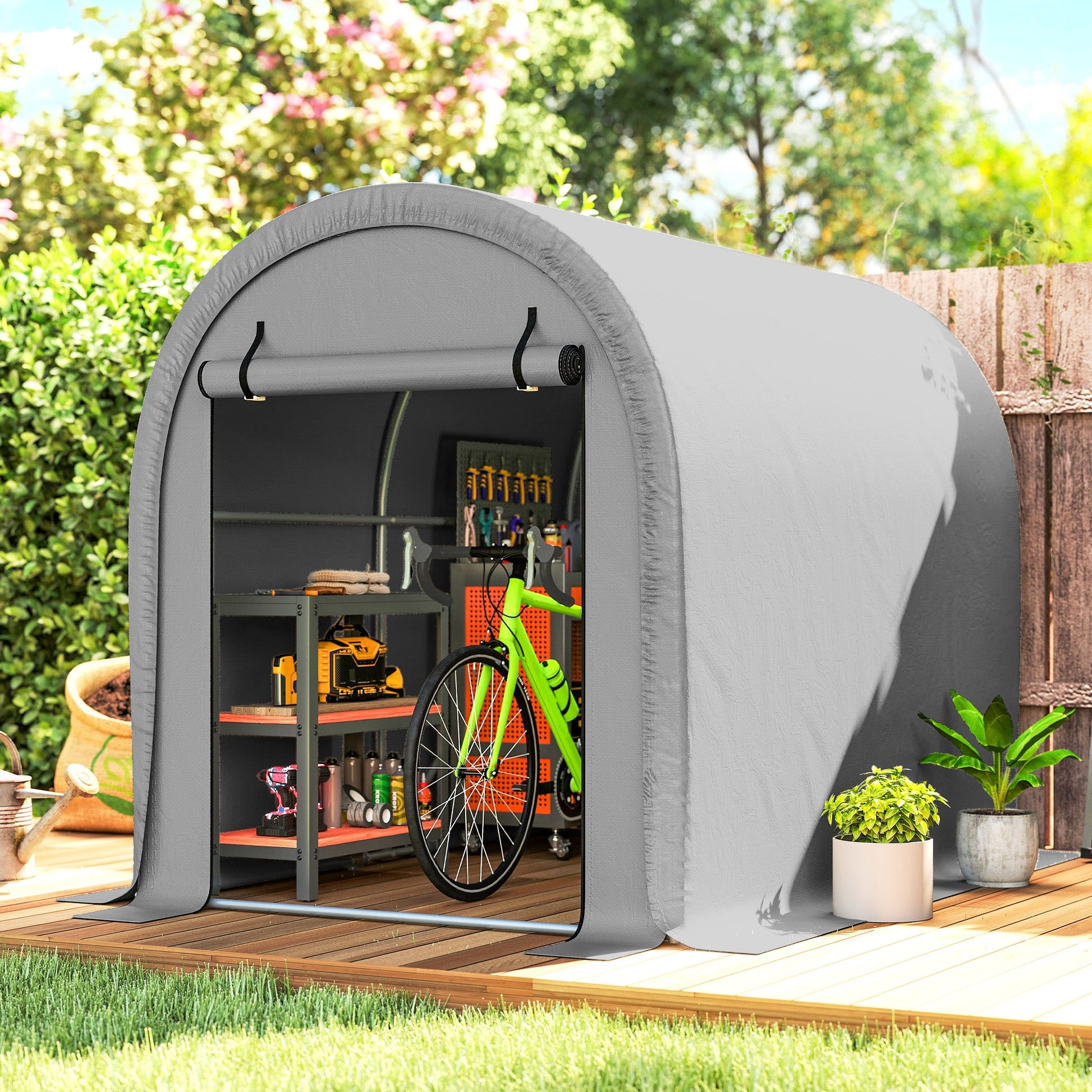 8' x 5' Portable Shed, Water-Resistant Bike Tent with Roll-up Zipper Door and Galvanized Steel Frame, Outdoor Storage Shed for Bike, Firewood, Garden Tools, Light Grey