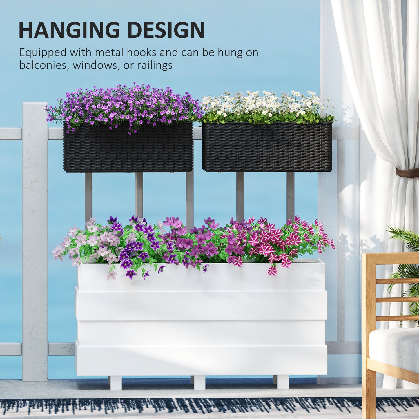 2 Pack Railing Planter Box, 20 Inch Hanging Flower Pots with Hooks and Drainage Hole, Rectangular Planters for Fence, Balcony, Garden, Patio, Rattan Look, Black
