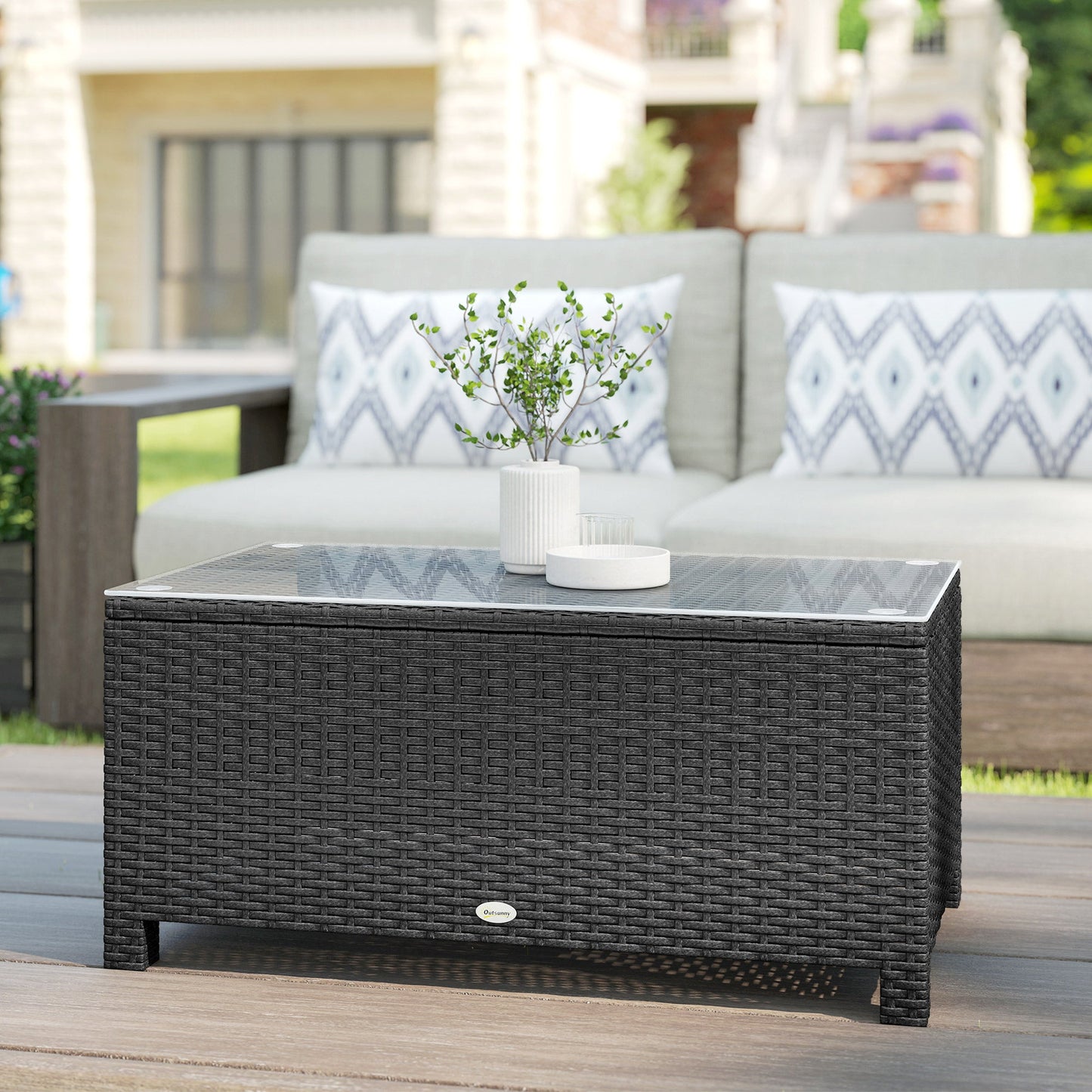 Rattan Coffee Table, Patio Side Table, Hand-woven Wicker Furniture with Tempered Glass Top Outdoor Garden Patio, Dark Grey