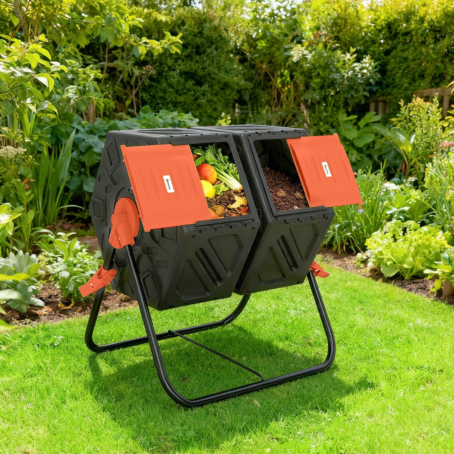 34.5 Gallon Dual Chamber Compost Bin, Rotating Composter, Compost Tumbler with 24 Ventilation Openings and Steel Legs, Orange