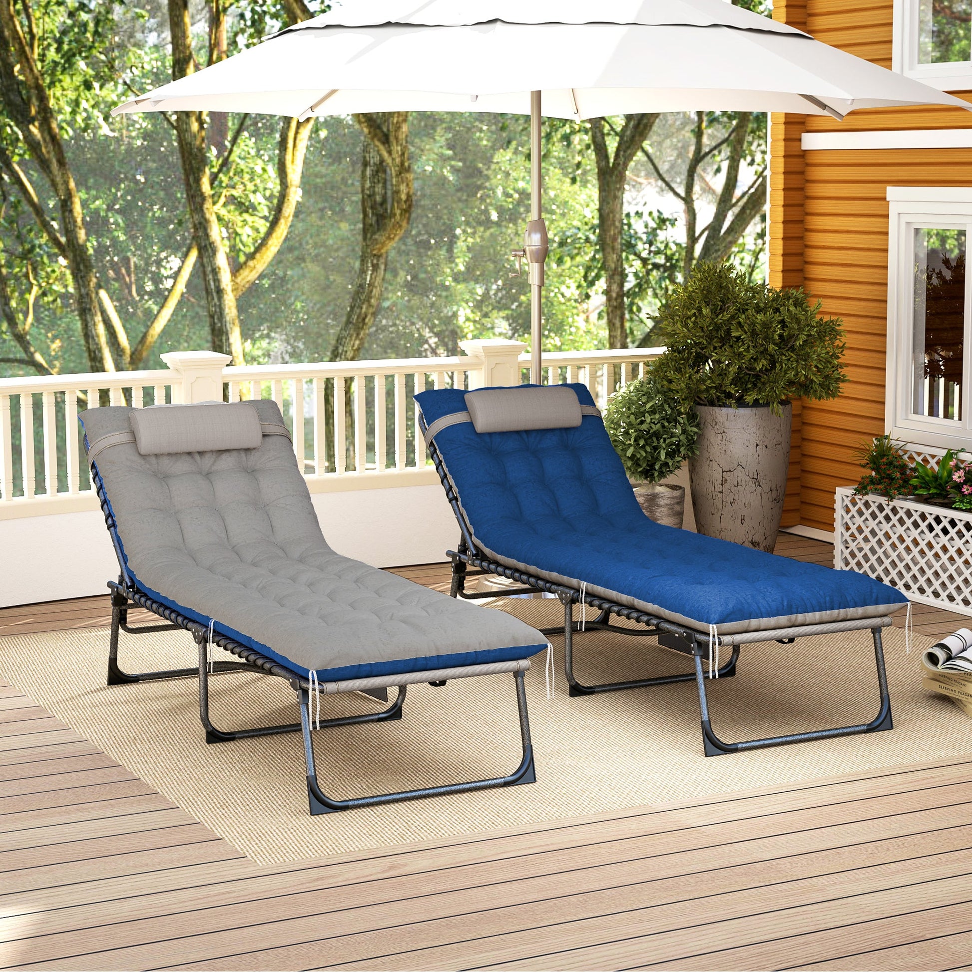 Folding Outdoor Lounge Chair Set of 2, 5-Position Reclining Patio Chaise Lounge Chairs, Tanning Chair with Cushion, Headrest, Side Pocket for Beach, Poolside, Brown/Blue