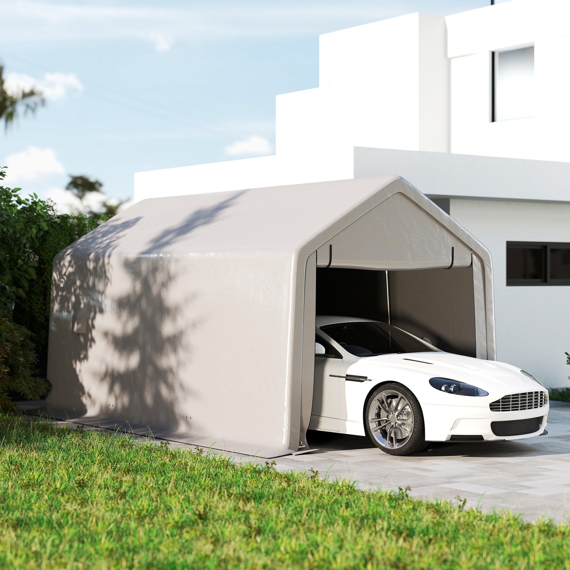 10 x 17 ft Heavy Duty Carport, Portable Garage with Roll-up Zipper Door, Steel Carport Tent Shelter UV Resistant Waterproof for Motorcycle Garden Storage, Grey