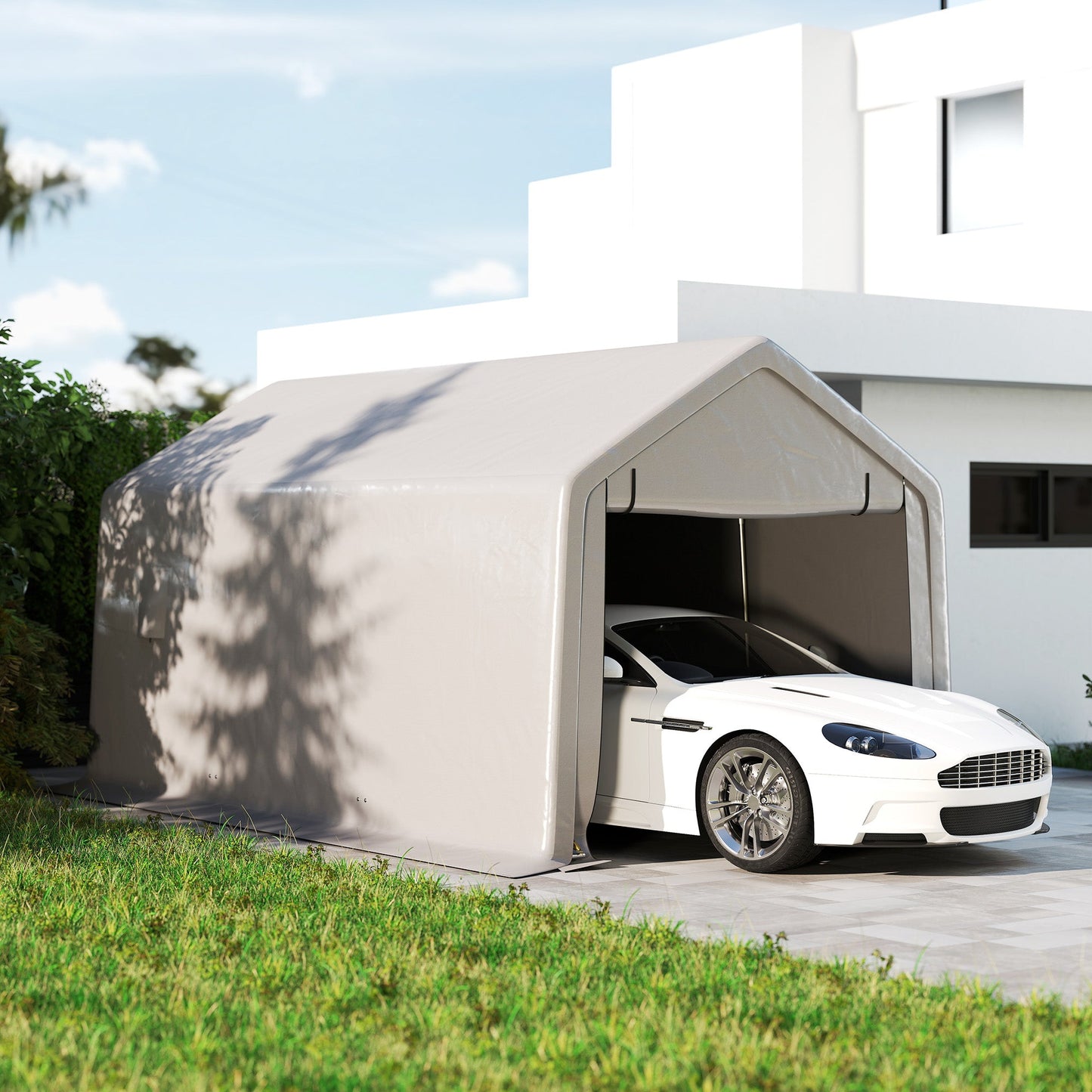 10 x 17 ft Heavy Duty Carport, Portable Garage with Roll-up Zipper Door, Steel Carport Tent Shelter UV Resistant Waterproof for Motorcycle Garden Storage, Grey