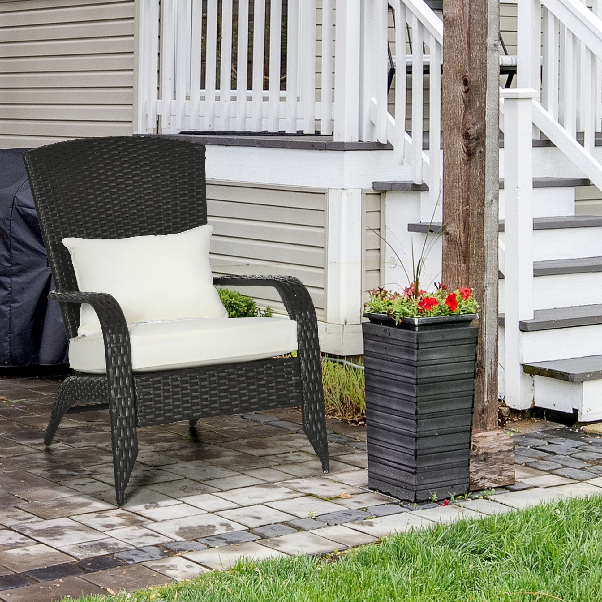 Patio Wicker Adirondack Chair, PE Rattan Outdoor Muskoka Chair, Fire Pit Chair with Cushions for Patio, Garden, Backyard, Poolside, Balcony, Deck, Cream White