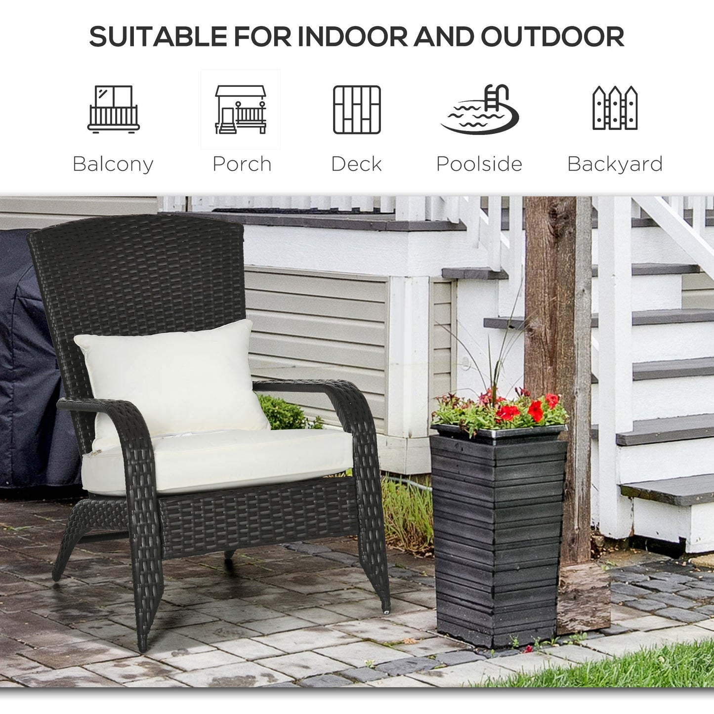 Patio Wicker Adirondack Chair, PE Rattan Outdoor Muskoka Chair, Fire Pit Chair with Cushions for Patio, Garden, Backyard, Poolside, Balcony, Deck, Cream White