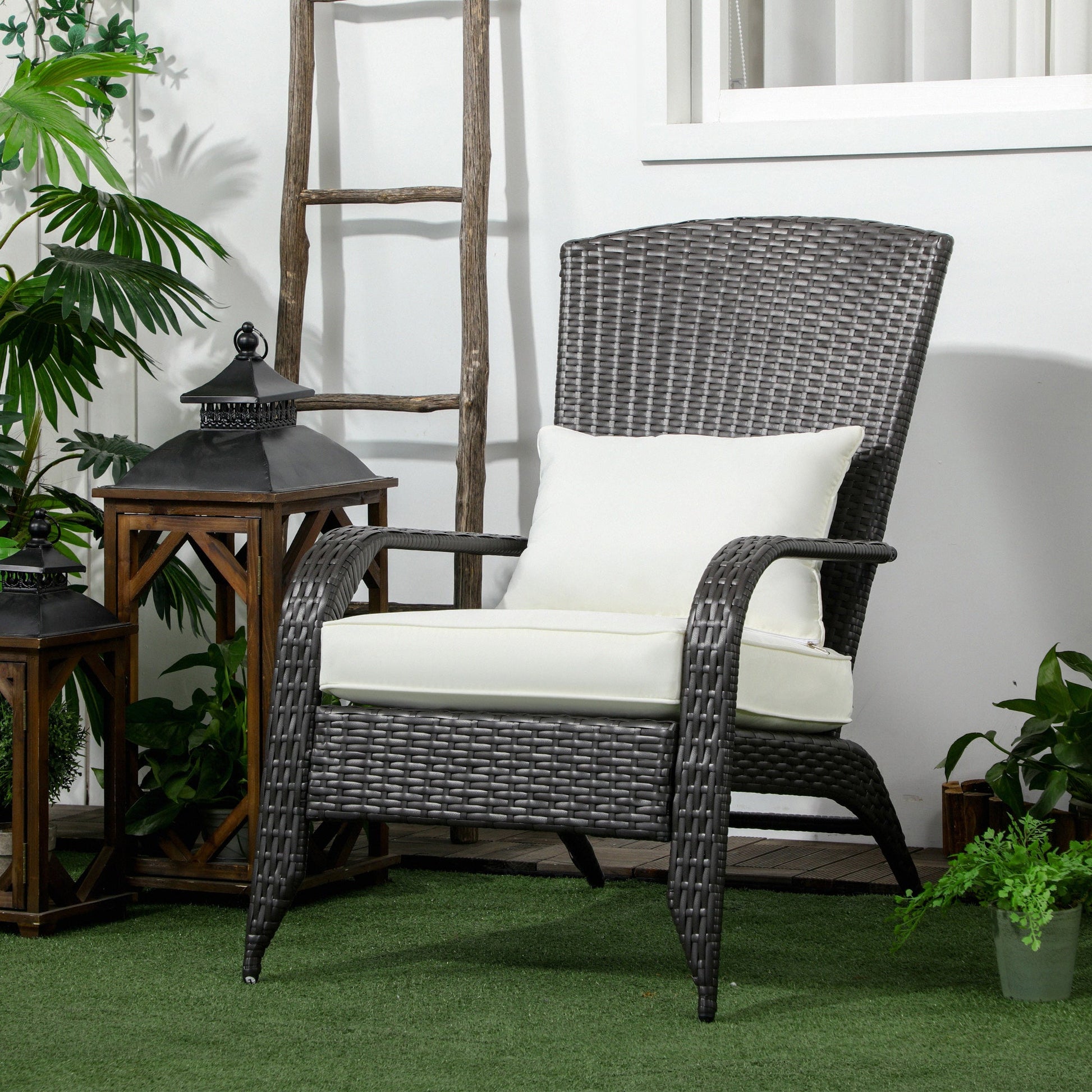 Patio Wicker Adirondack Chair, PE Rattan Outdoor Muskoka Chair, Fire Pit Chair with Cushions for Patio, Garden, Backyard, Poolside, Balcony, Deck, Cream White