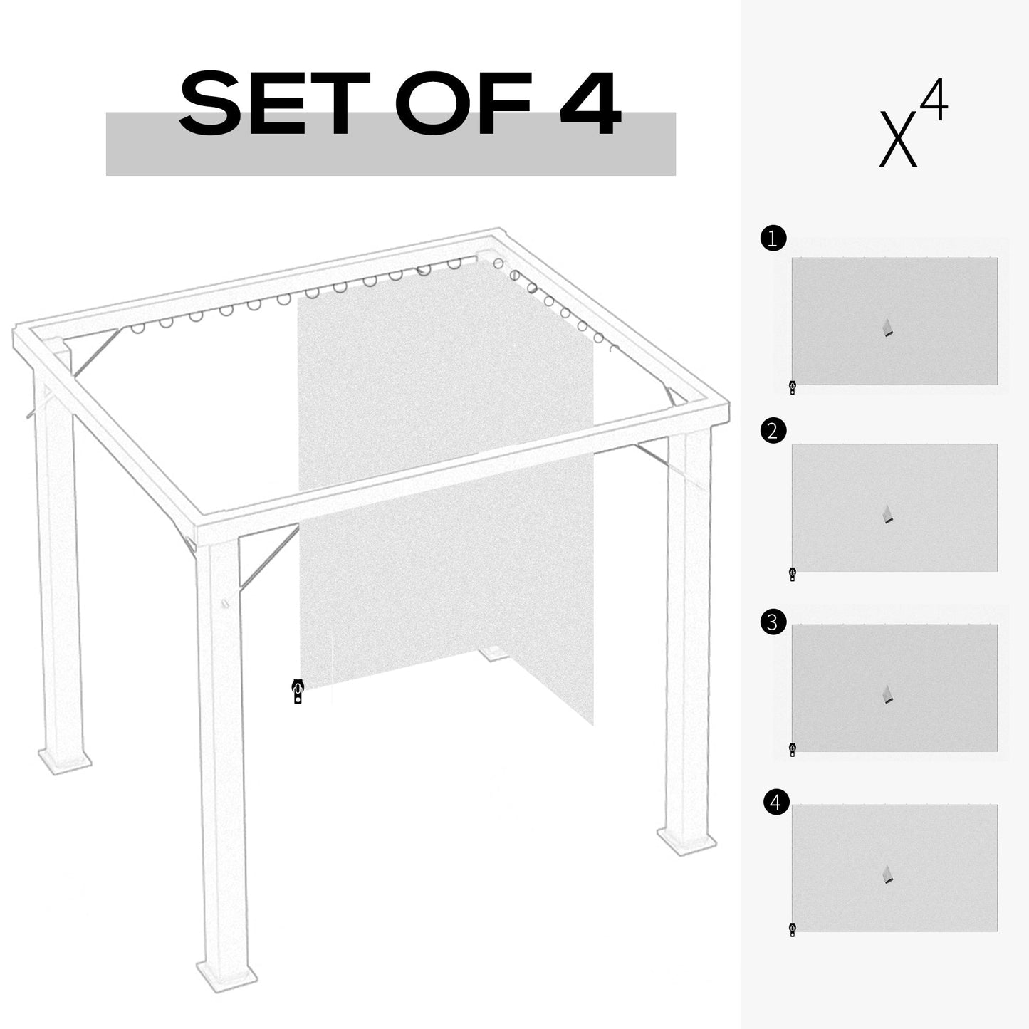Replacement Gazebo Curtains with Zipper, 4-Panel Universal Gazebo Privacy Sidewall for Most 10' x 13' Gazebo Canopy Pavillion, Hooks/C-Rings Included, Grey