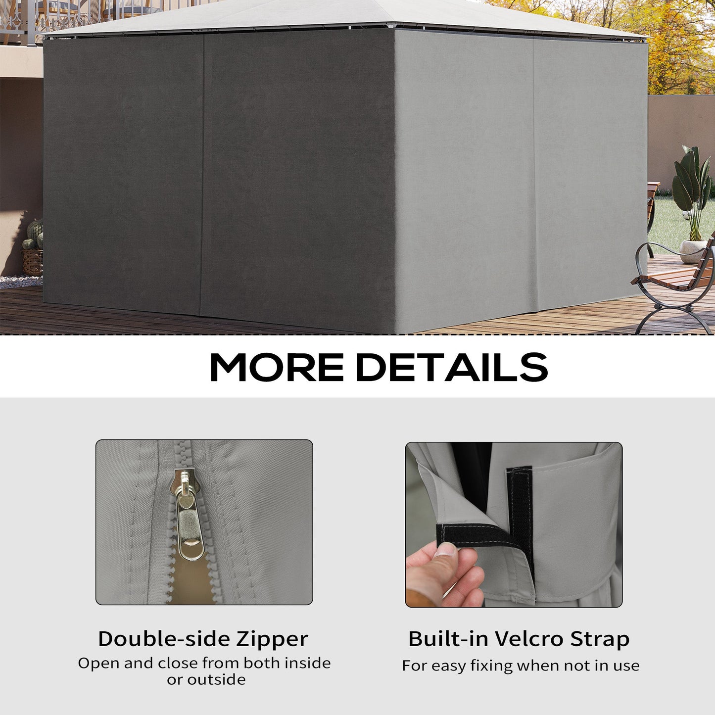 Replacement Gazebo Curtains with Zipper, 4-Panel Universal Gazebo Privacy Sidewall for Most 10' x 13' Gazebo Canopy Pavillion, Hooks/C-Rings Included, Grey