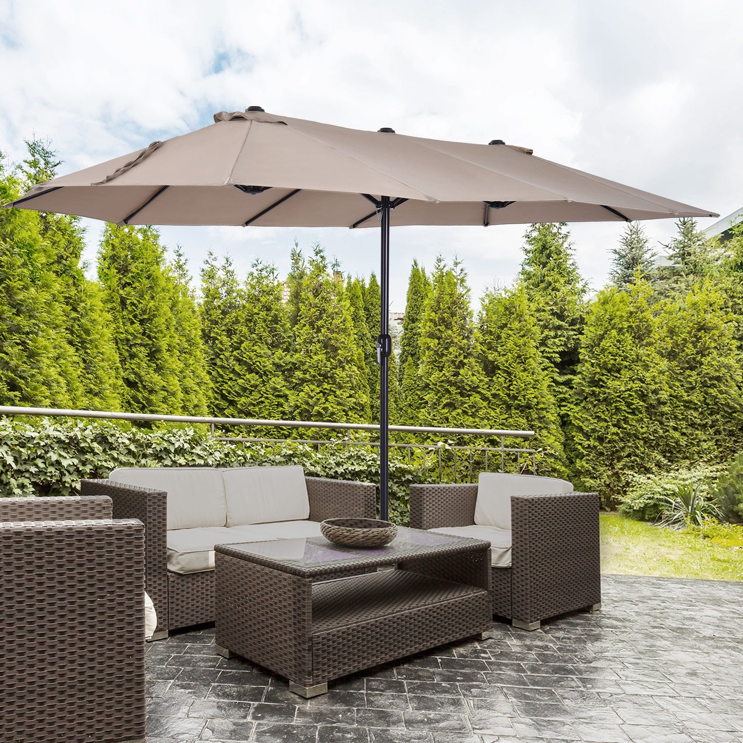 15ft Double-sided Patio Umbrella with Twin Canopy, Extra Large Outdoor Parasol with Crank for Pool, Deck, Market, Tan
