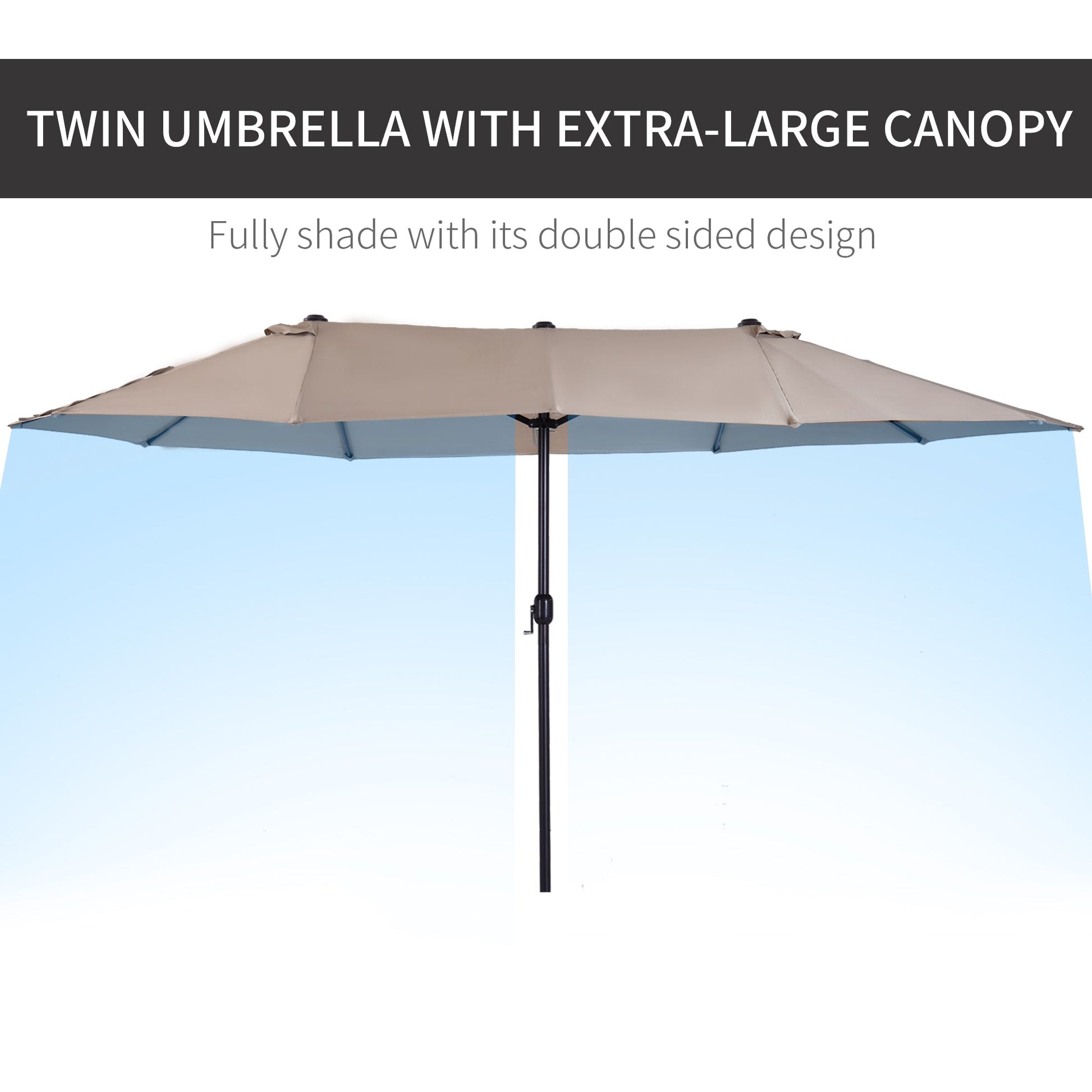 15ft Double-sided Patio Umbrella with Twin Canopy, Extra Large Outdoor Parasol with Crank for Pool, Deck, Market, Tan