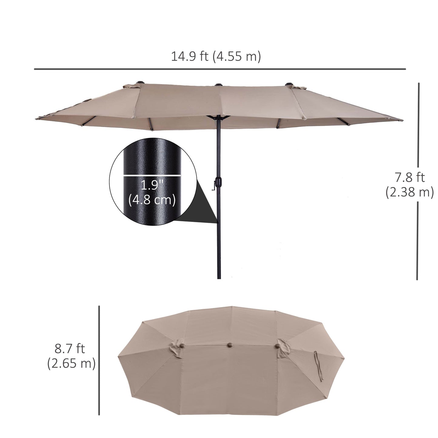 15ft Double-sided Patio Umbrella with Twin Canopy, Extra Large Outdoor Parasol with Crank for Pool, Deck, Market, Tan