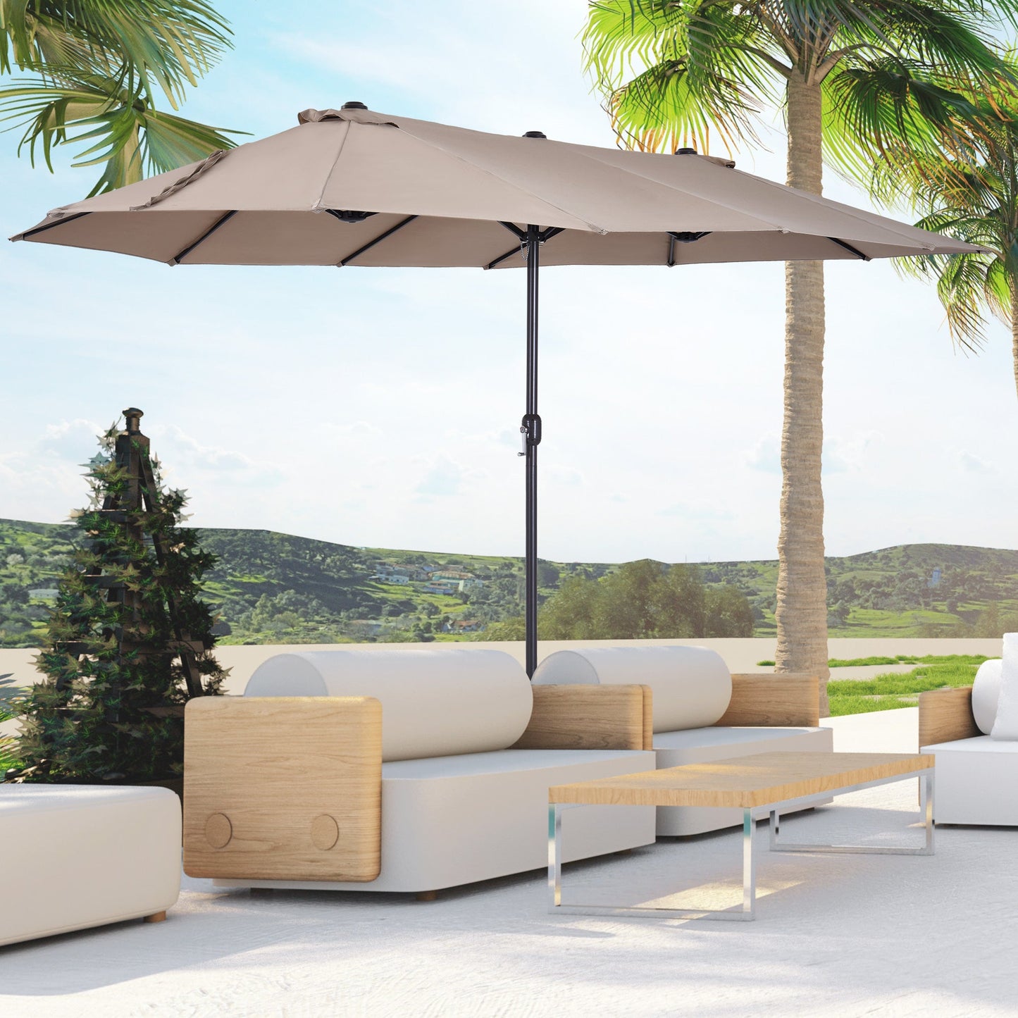 15ft Double-sided Patio Umbrella with Twin Canopy, Extra Large Outdoor Parasol with Crank for Pool, Deck, Market, Tan
