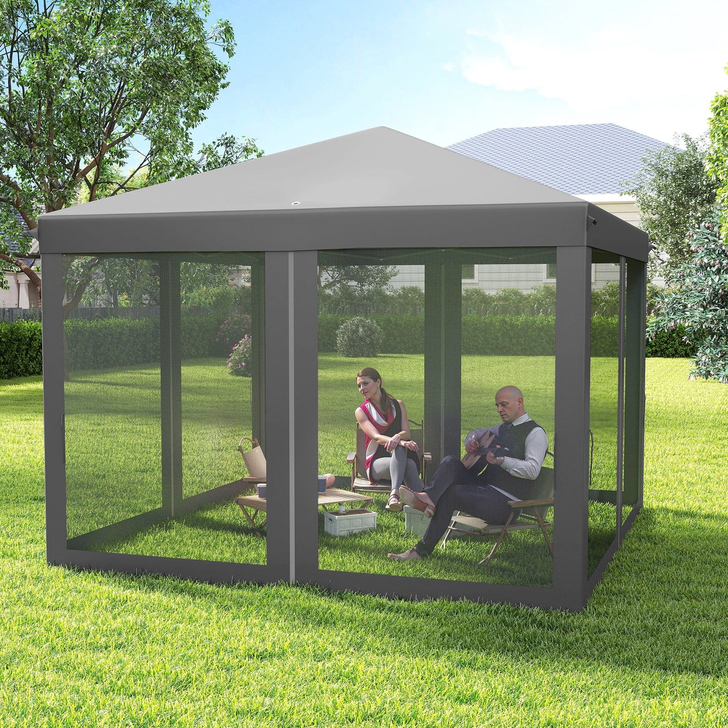10' x 10' Pop Up Canopy Tent Gazebo, Foldable Canopy Tent with Zipper Mesh Sidewalls and Carry Bag, Easy Setup Screen Shelter for Backyard Patio Outdoor, Light Grey