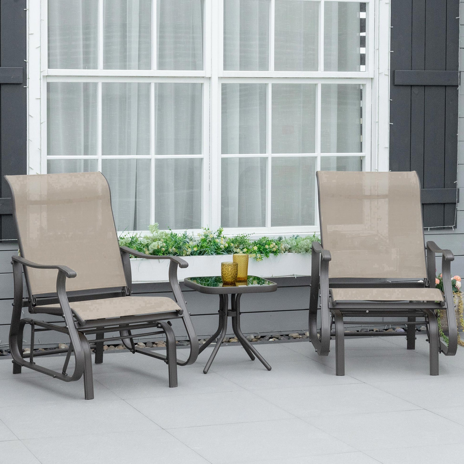 3PCs Glider Rocking Chairs with Table, Outdoor Gliders with Steel Frame, Mesh Seat, Tempered Glass Table Top for Patio, Garden, Backyard, Deck, Porch, Dark Grey