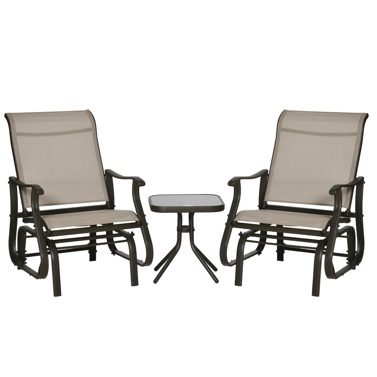 3PCs Glider Rocking Chairs with Table, Outdoor Gliders with Steel Frame, Mesh Seat, Tempered Glass Table Top for Patio, Garden, Backyard, Deck, Porch, Dark Grey
